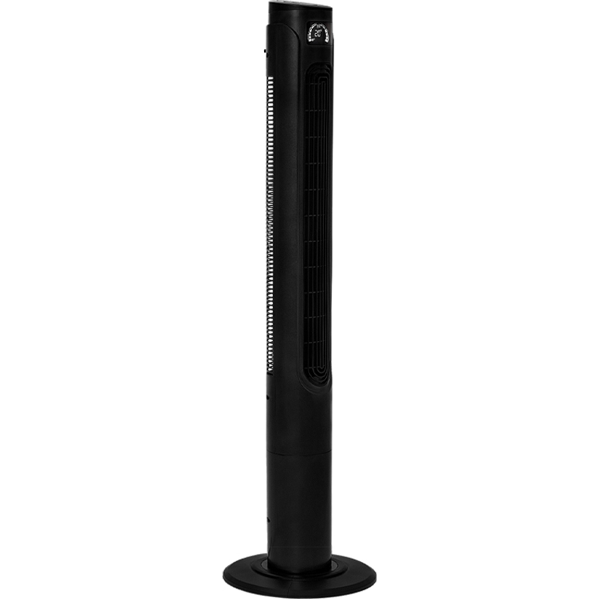 Un ventilateur tour noir et épuré avec une base ronde et un écran numérique en haut.