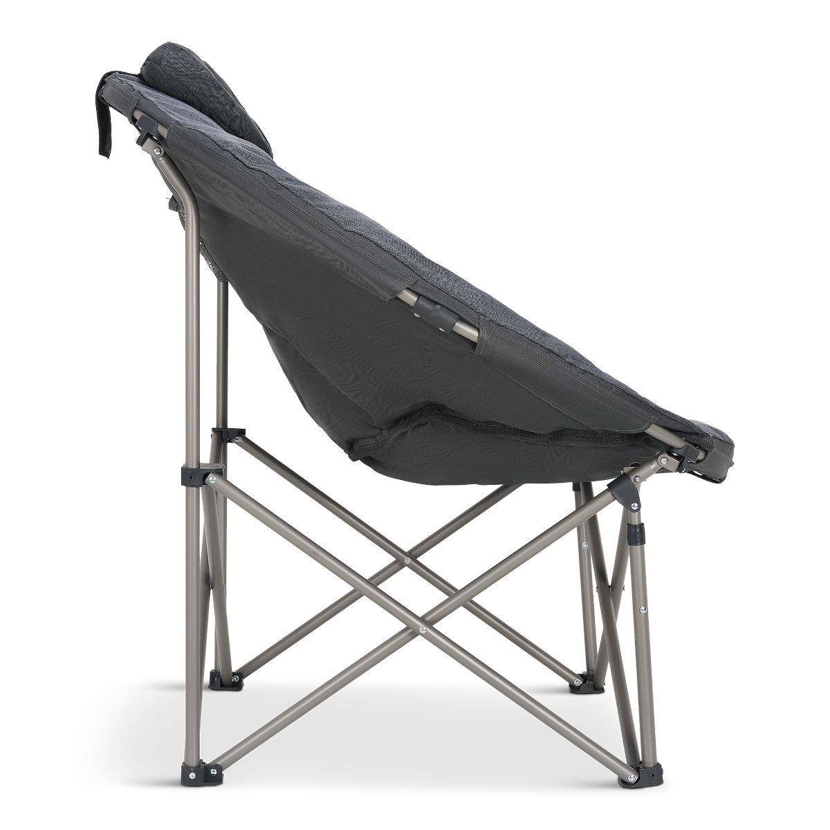 A gray folding chair with fabric seat and metal frame, shown from the side.