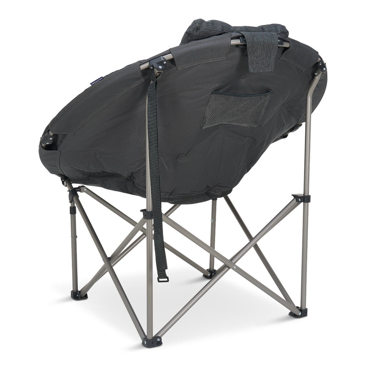 Dark gray foldable chair with metal frame and fabric seat, featuring a pocket.