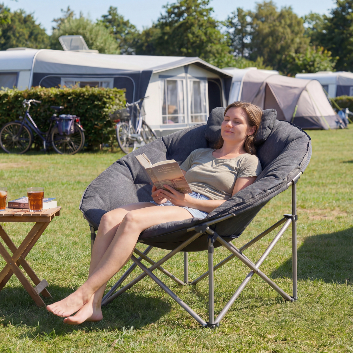 Woman reads book in outdoor chair, campers and trees in background.