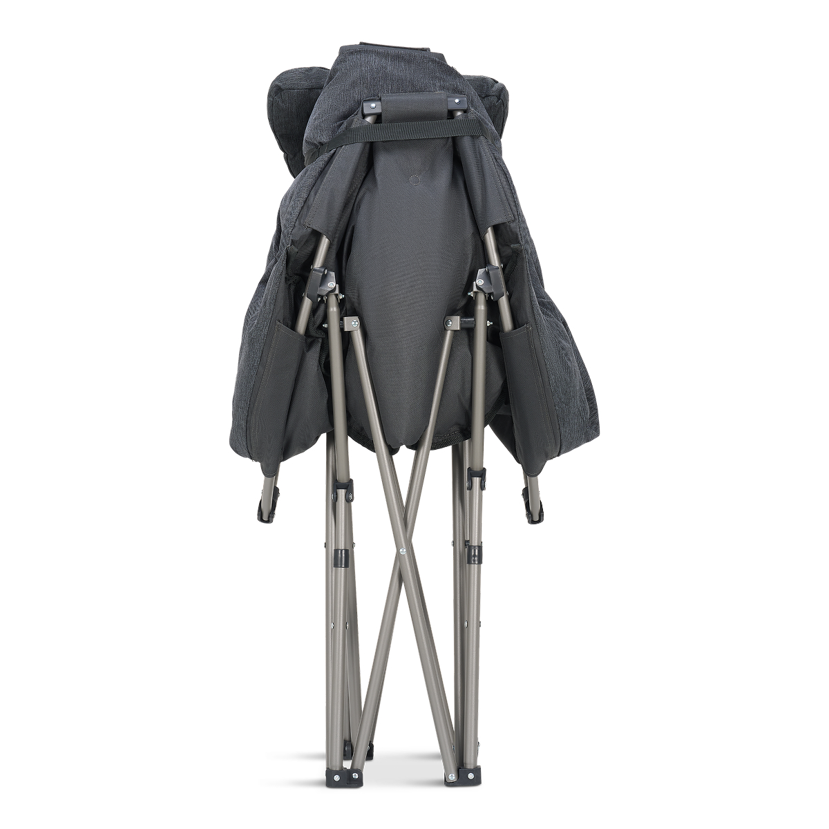 Folded dark camping chair with metal frame and fabric cover.