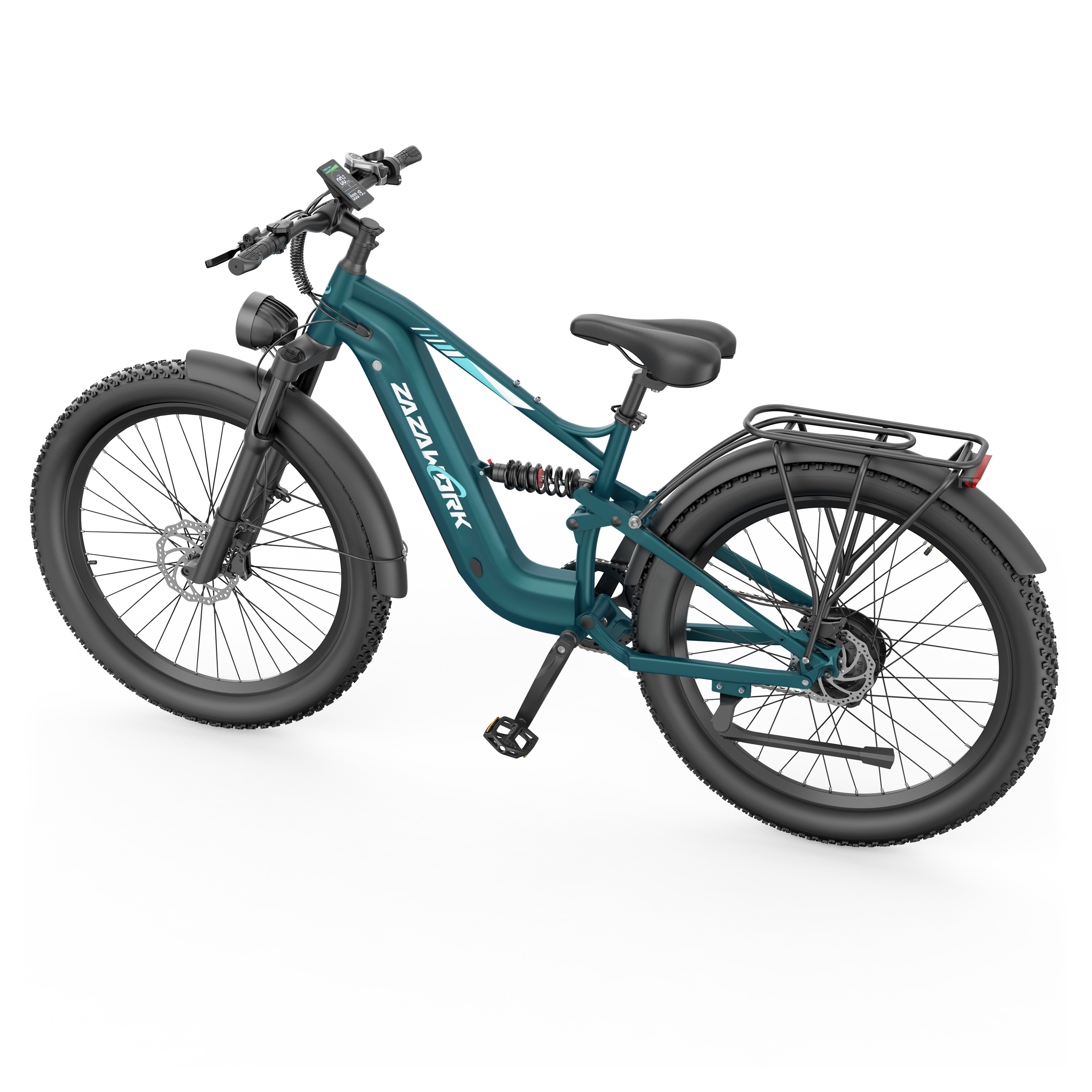 Una bicicleta eléctrica fat-tire verde azulado con portaequipajes trasero sobre fondo blanco.