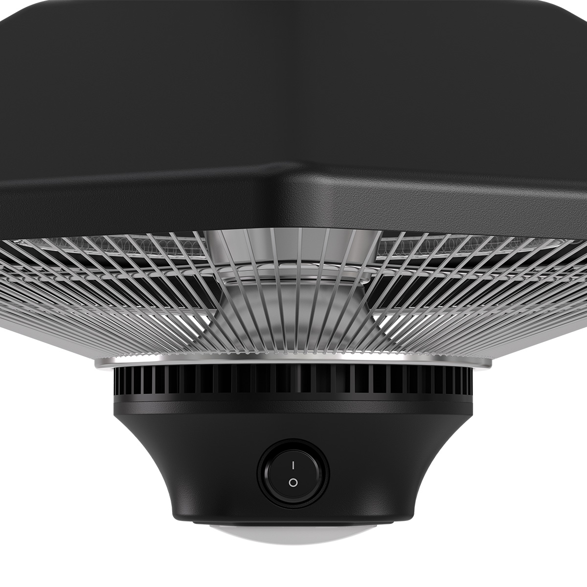 Un radiateur noir avec interrupteur marche/arrêt et grille métallique.