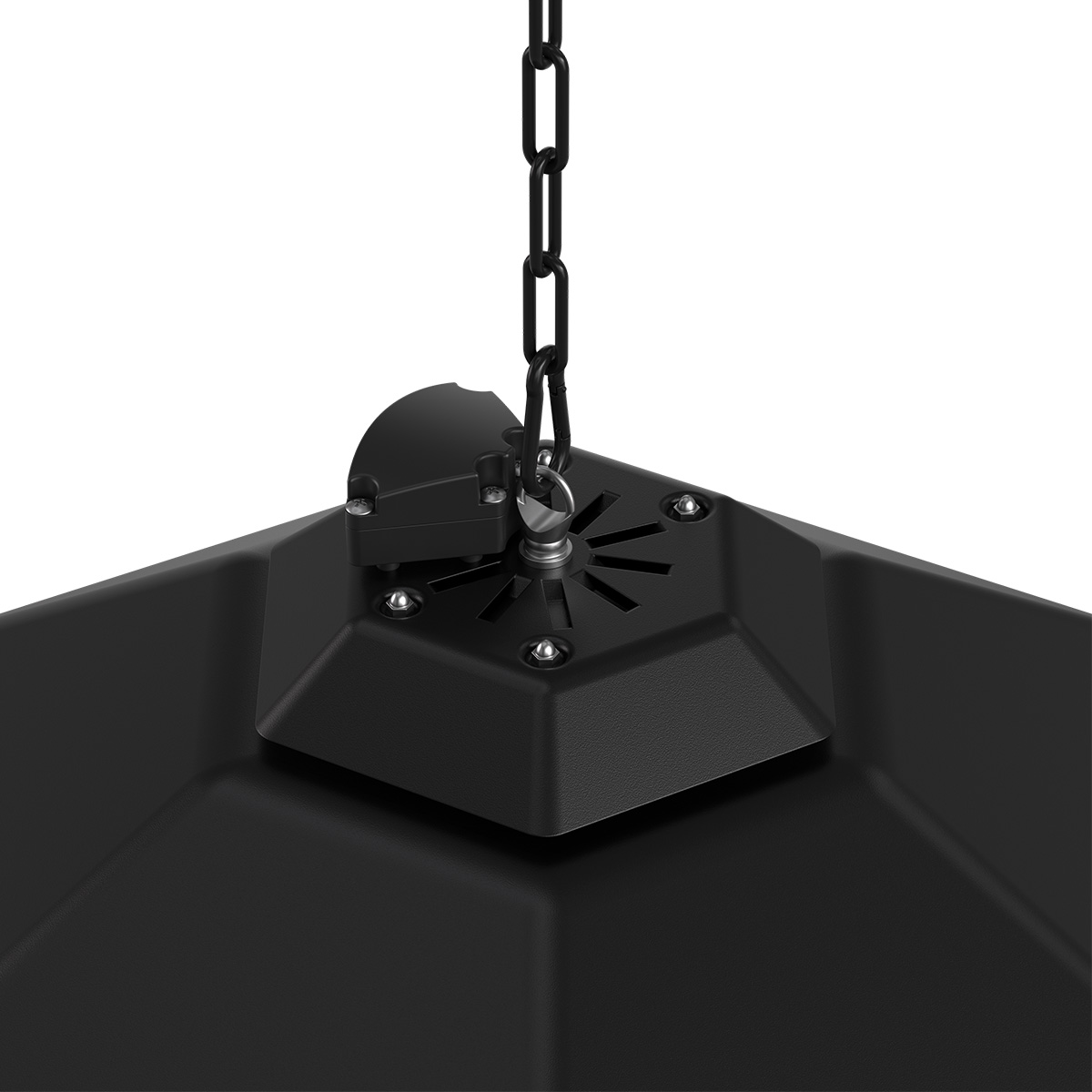 Chaîne noire suspendue à un support noir, fixée à un objet octogonal.