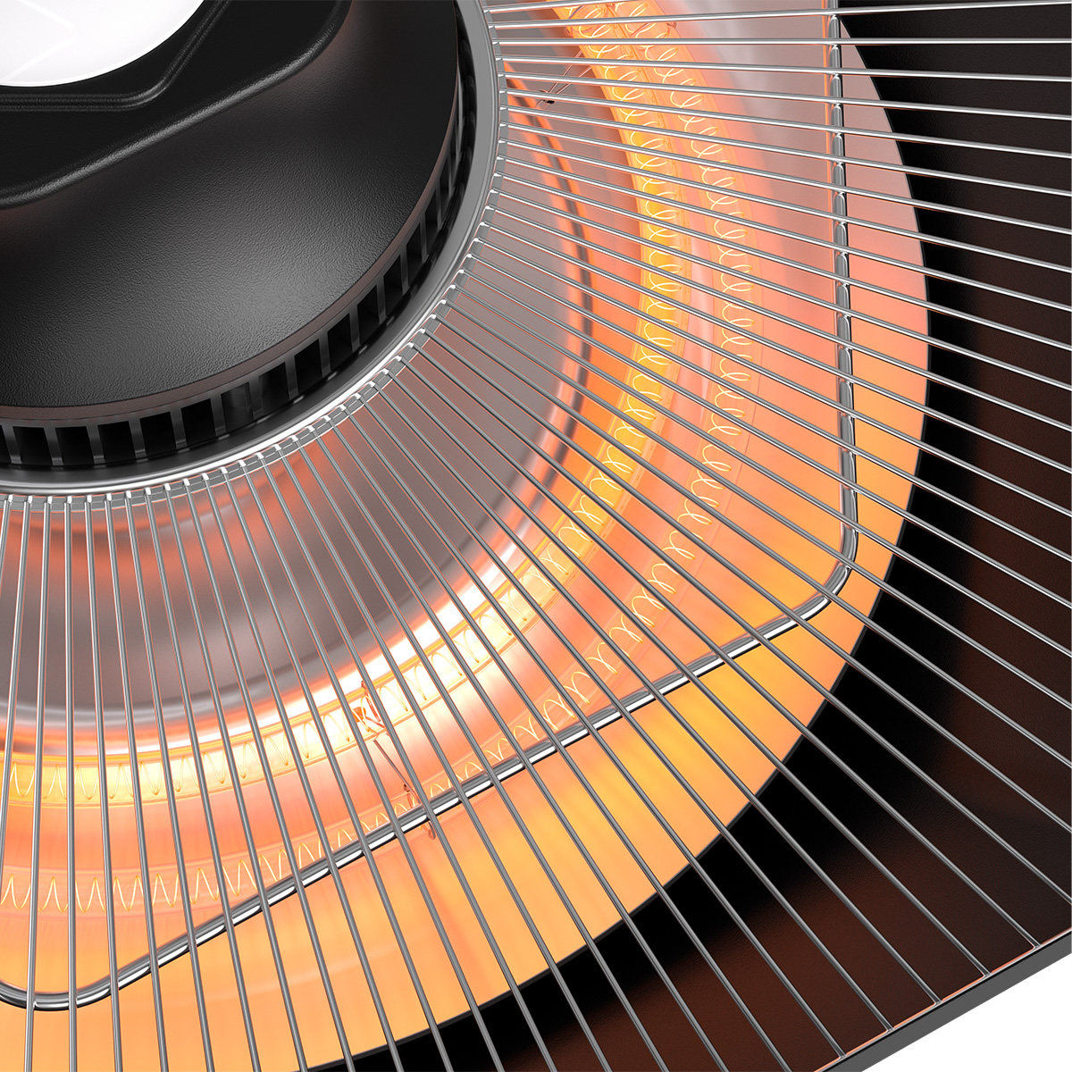 Gros plan d'un radiateur rayonnant avec élément chauffant incandescent derrière une grille métallique.