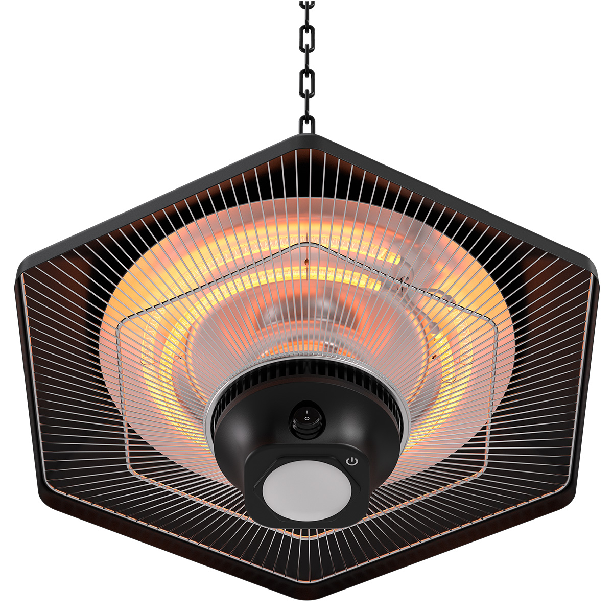 Un chauffage hexagonal suspendu par une chaîne, avec un élément chauffant incandescent.