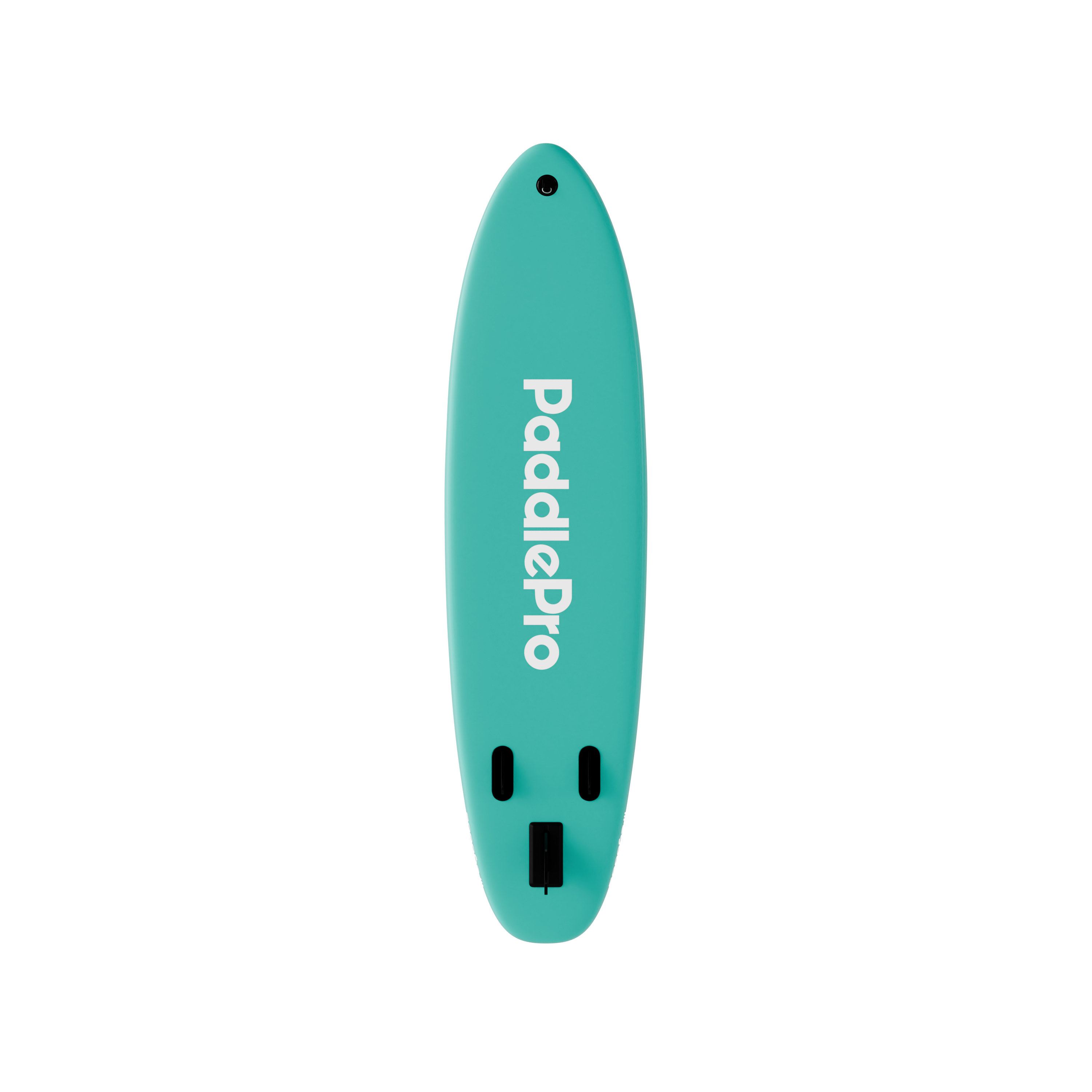 Turquoise SUP-board onderkant met wit logo.