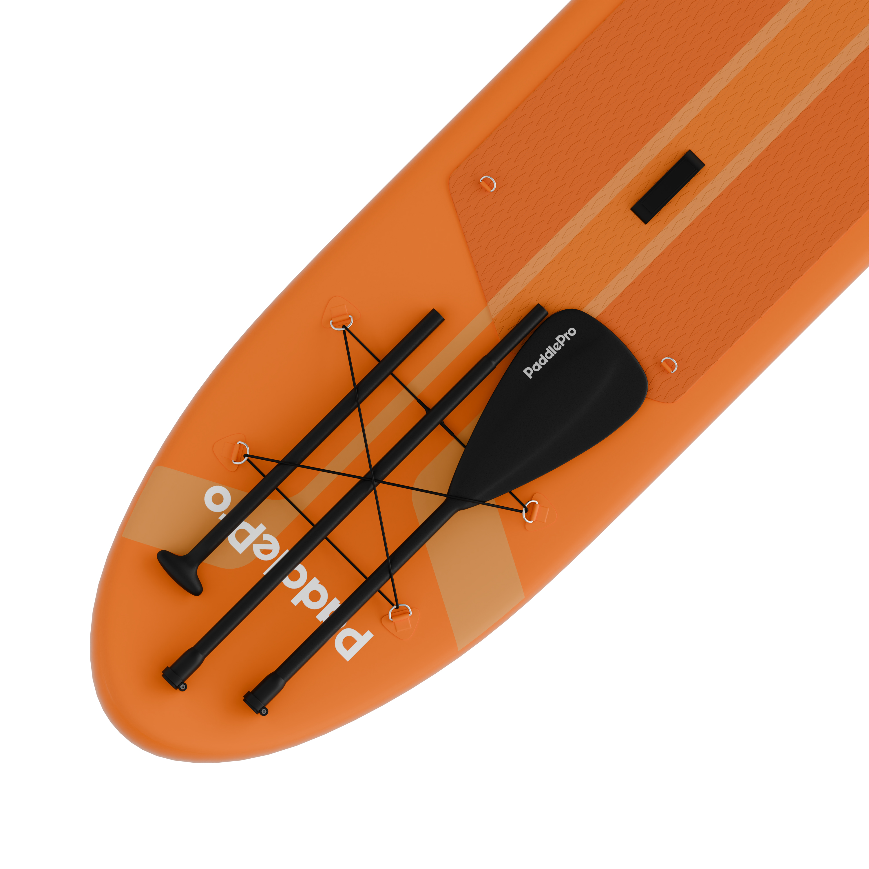Oranje paddleboard met peddel en touwen op witte achtergrond.
