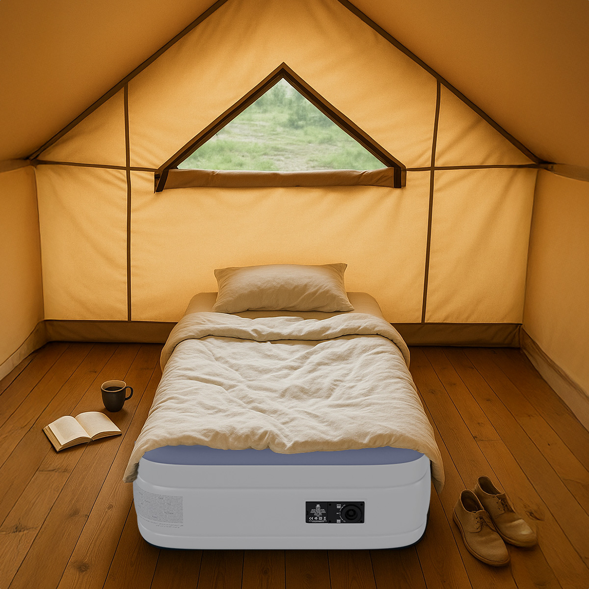Een opblaasbaar bed in een tent met houten vloer, boek, mok en schoenen.