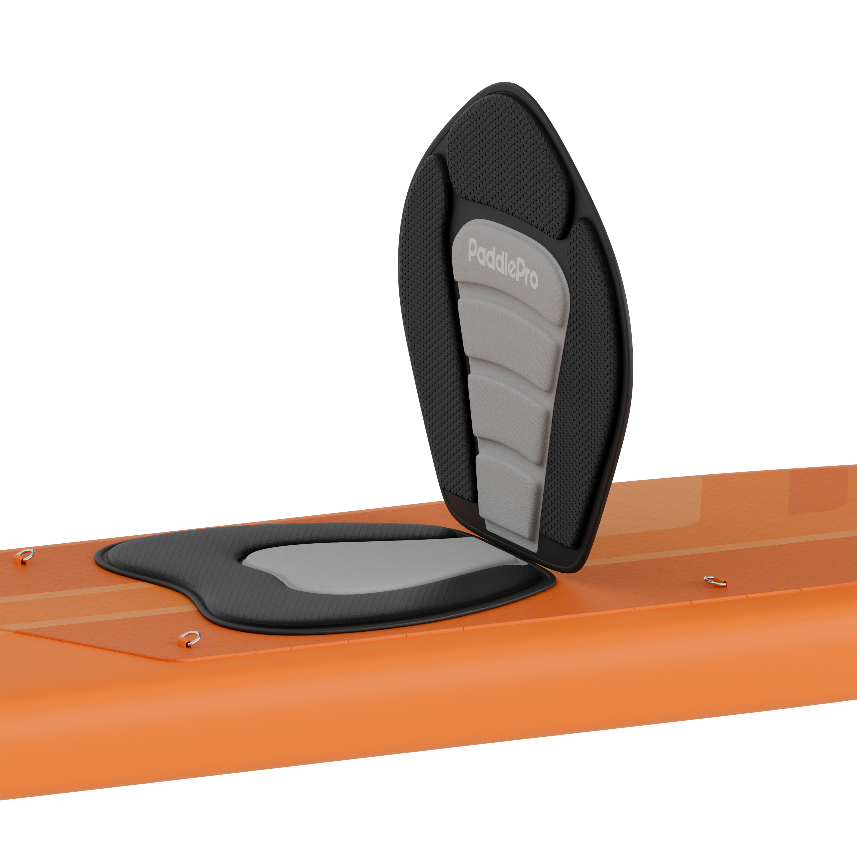 Oranje paddleboard met een passend zitkussen met 'PaddlePro' logo.