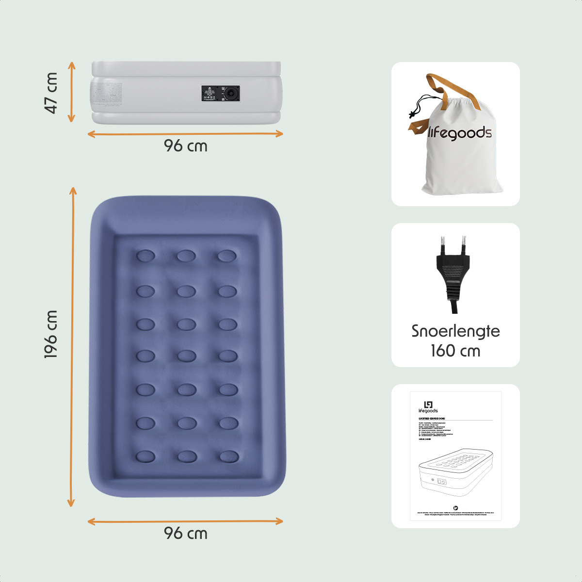 Opblaasbare matras met afmetingen, tas, stekker en instructies.
