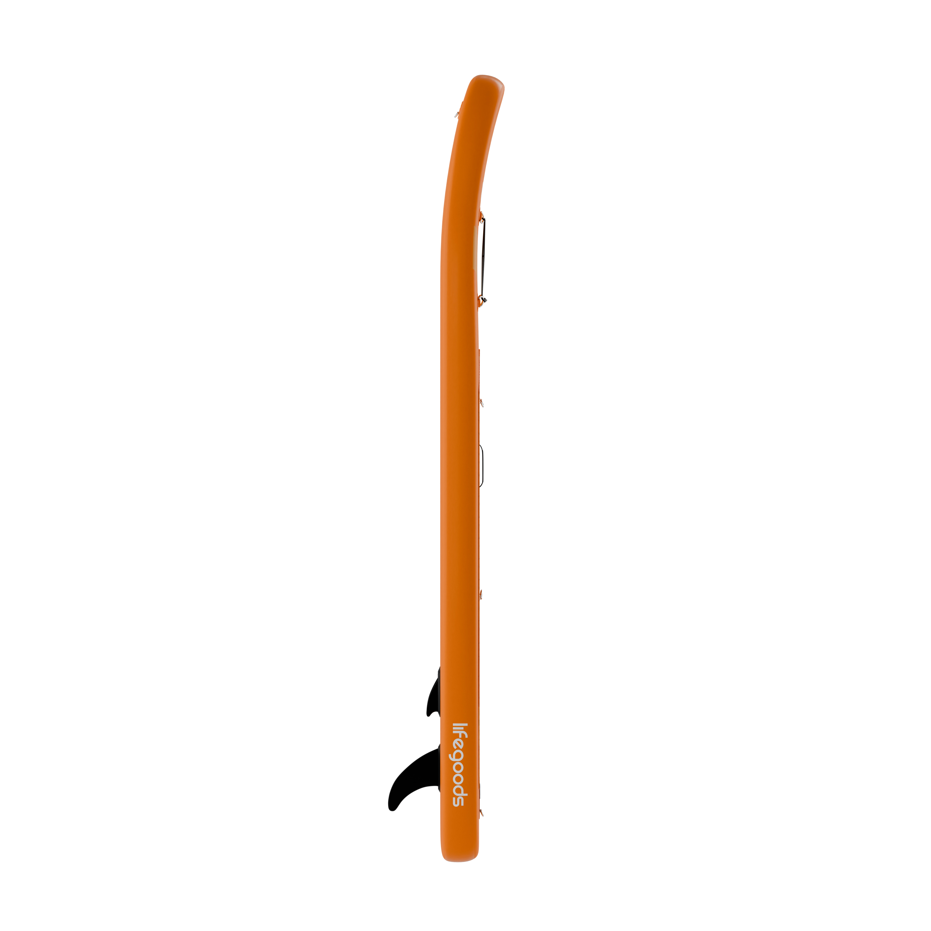 Oranje paddleboard met zwarte vin en logo.
