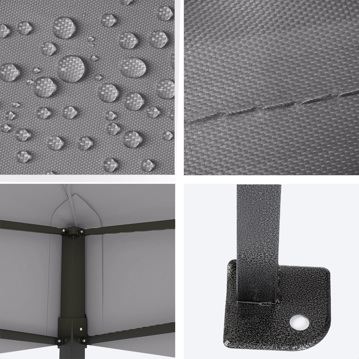 Four close-up shots of a grey fabric tent, showing water effects.