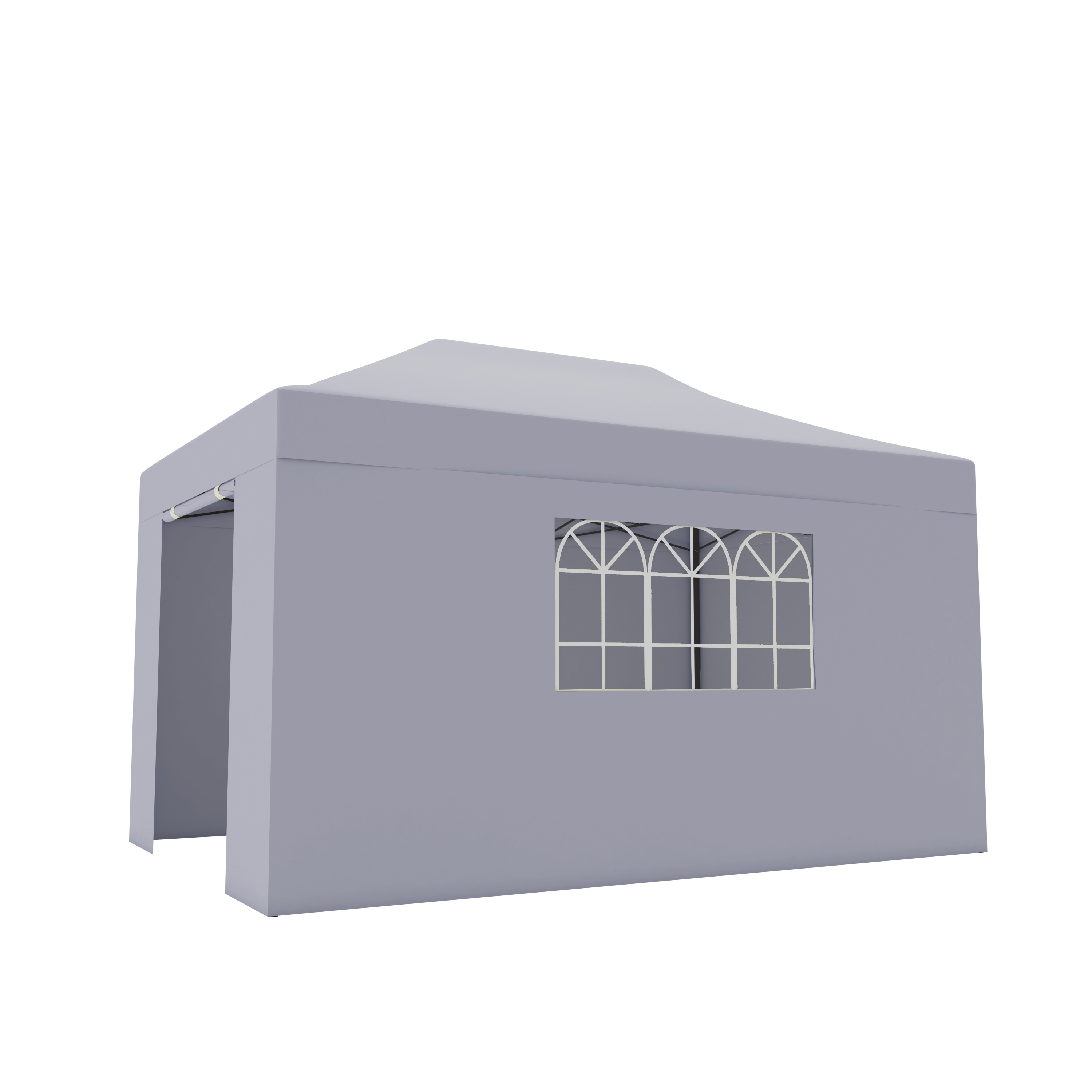 A gray tent with windows and an open entrance. White poles support the roof.