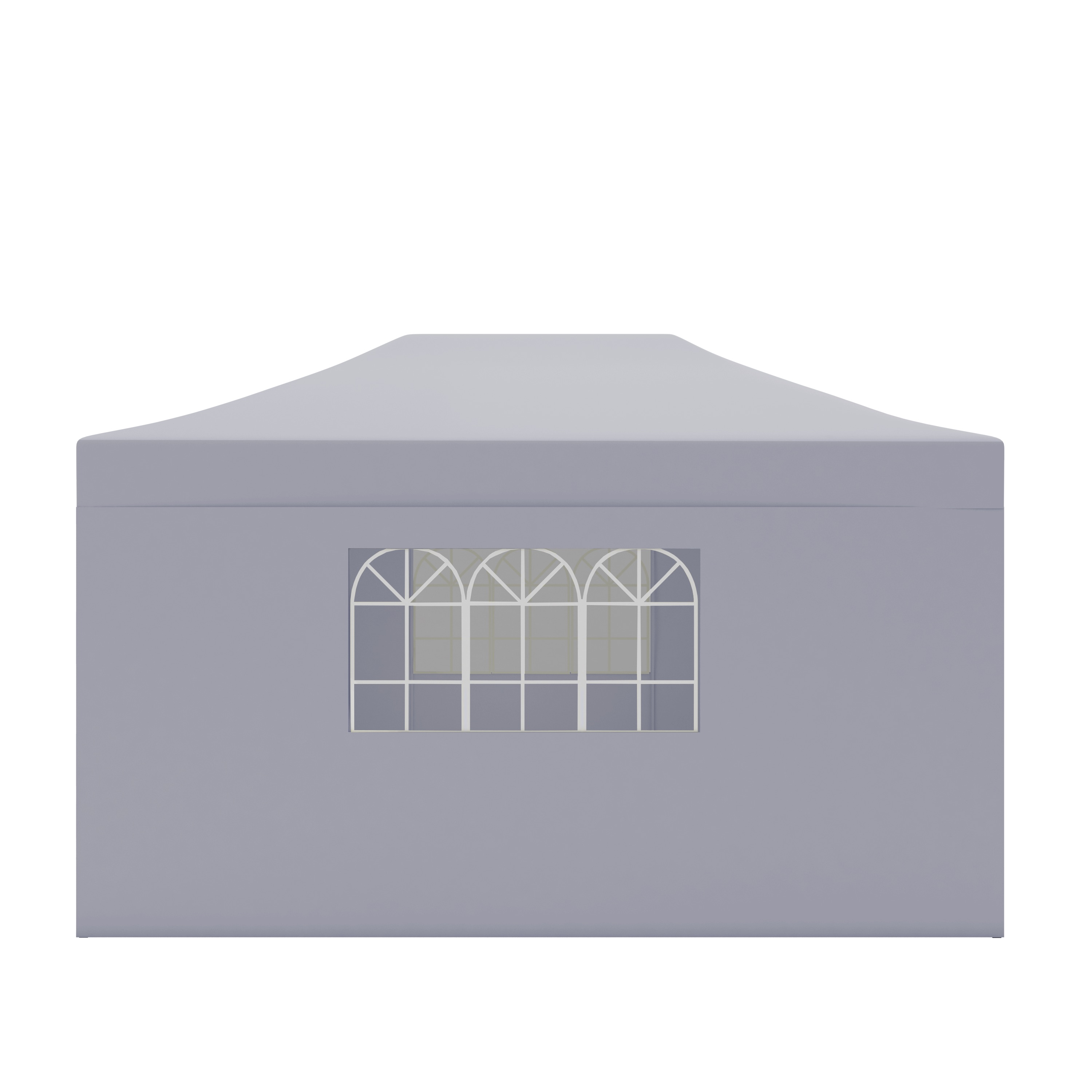 Gray tent with a rectangular window and arched top.