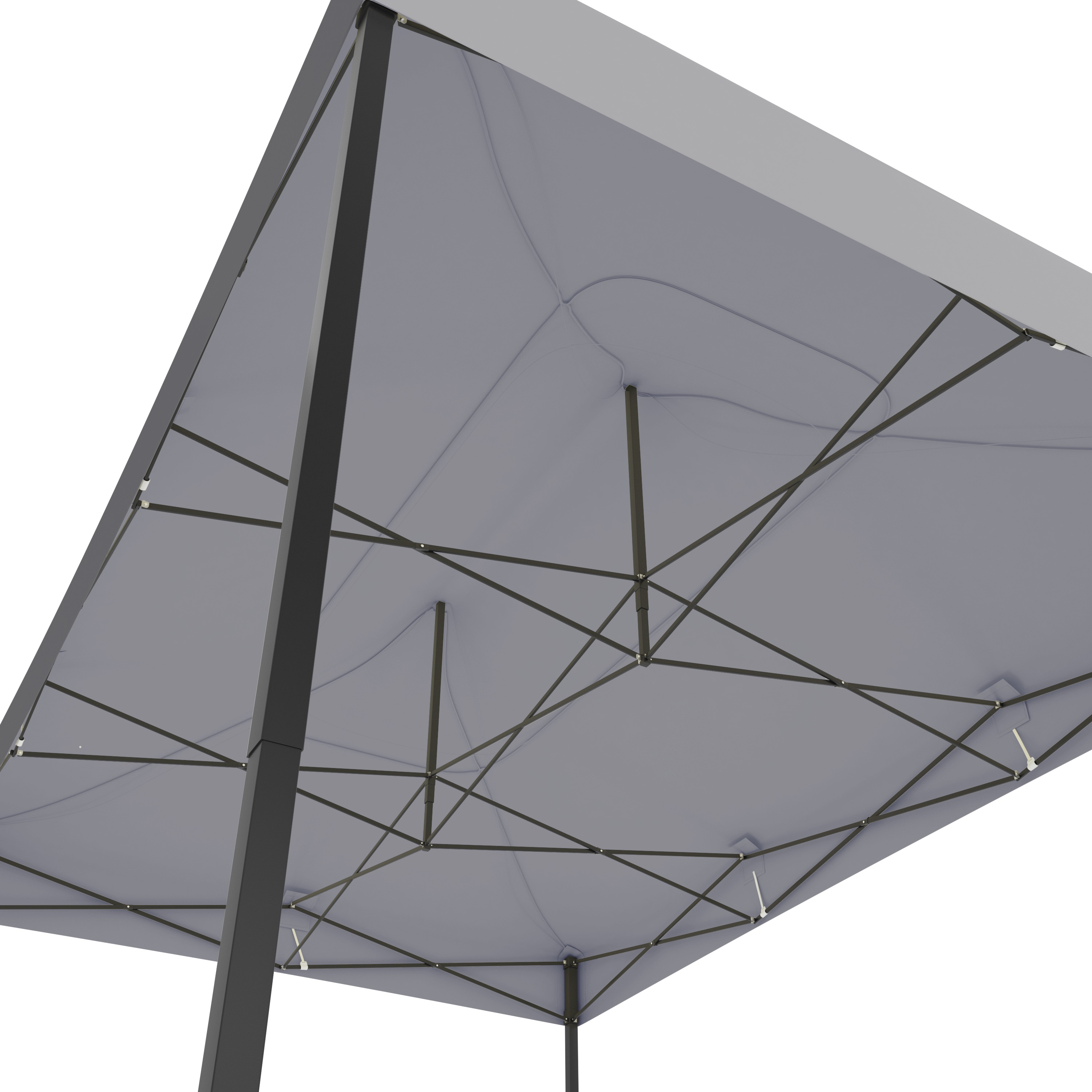 Underside view of a grey canopy tent with its metal frame structure.