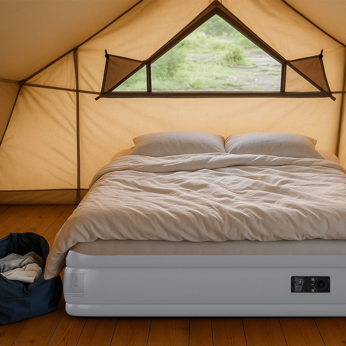Een bed met beddengoed in een tent, naast een tas met kleding.
