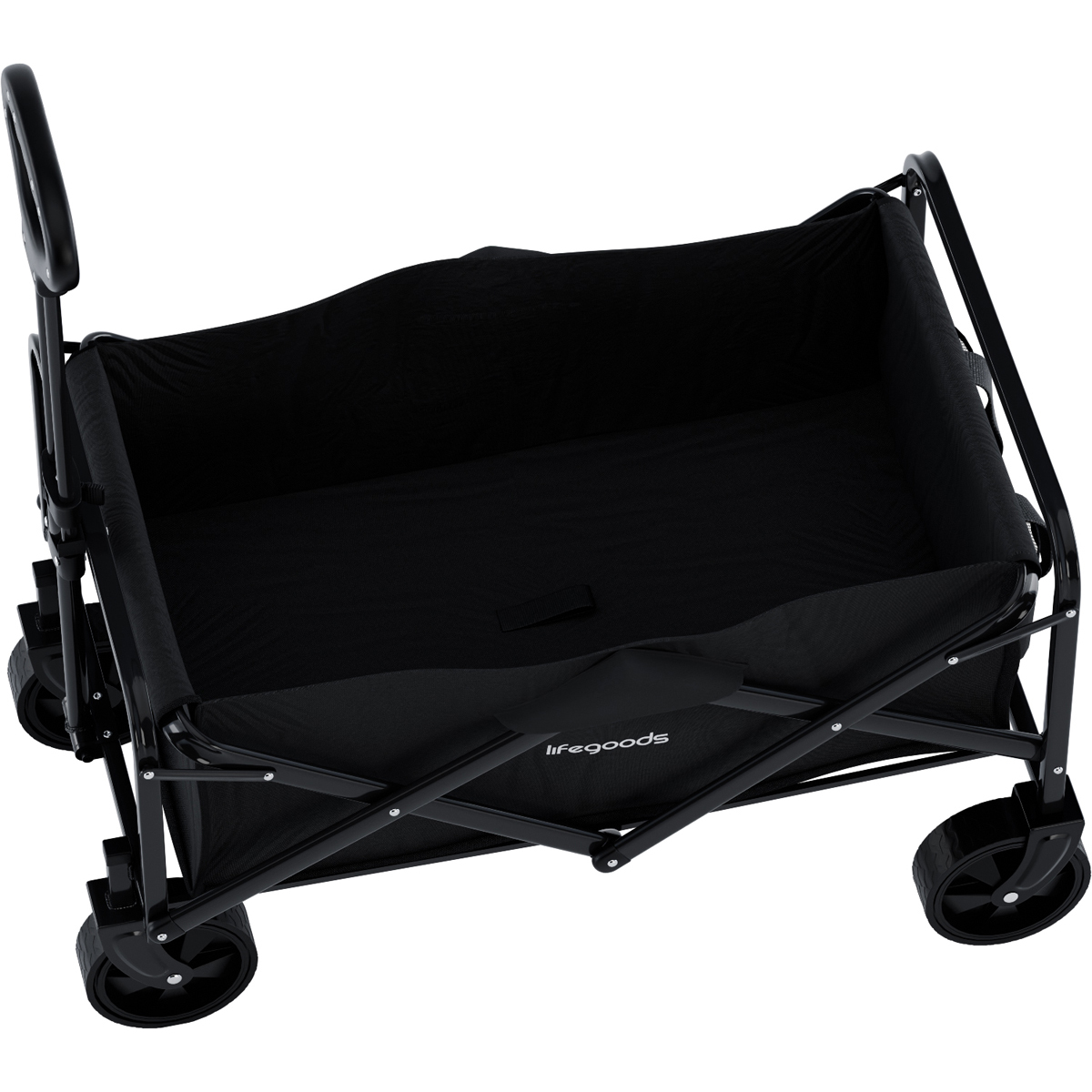 A black collapsible wagon with a handle and four wheels.