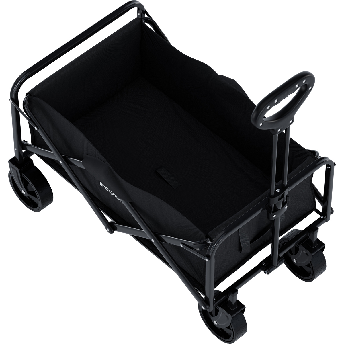 A black collapsible wagon with a handle and four wheels on a white background.