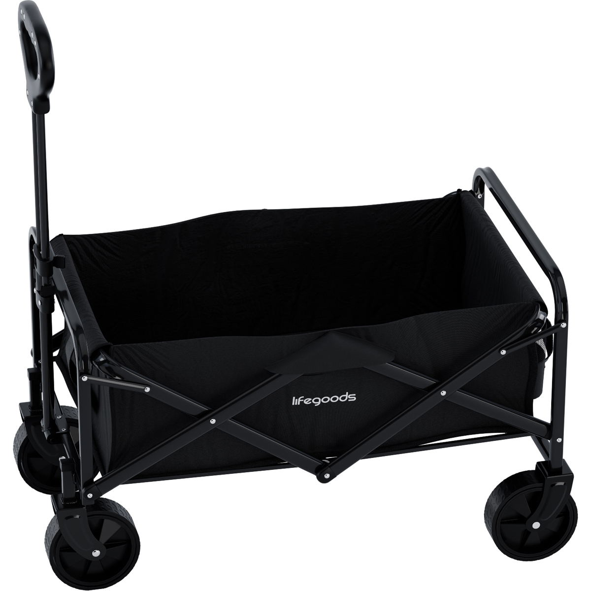 A black folding wagon with a handle and four wheels.
