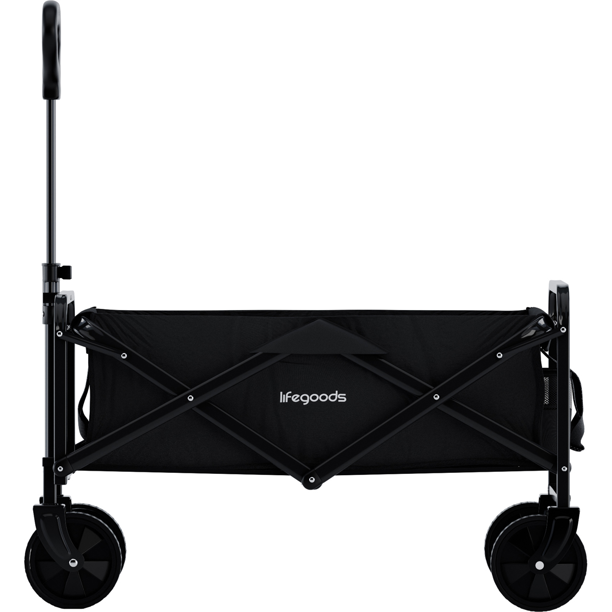 A black foldable wagon with a handle and four wheels is shown.