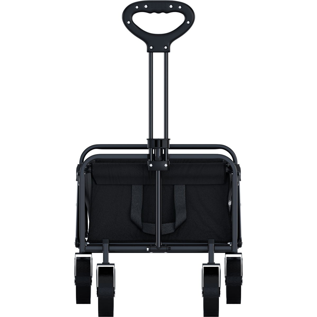 Black folding wagon with a telescopic handle and four wheels.