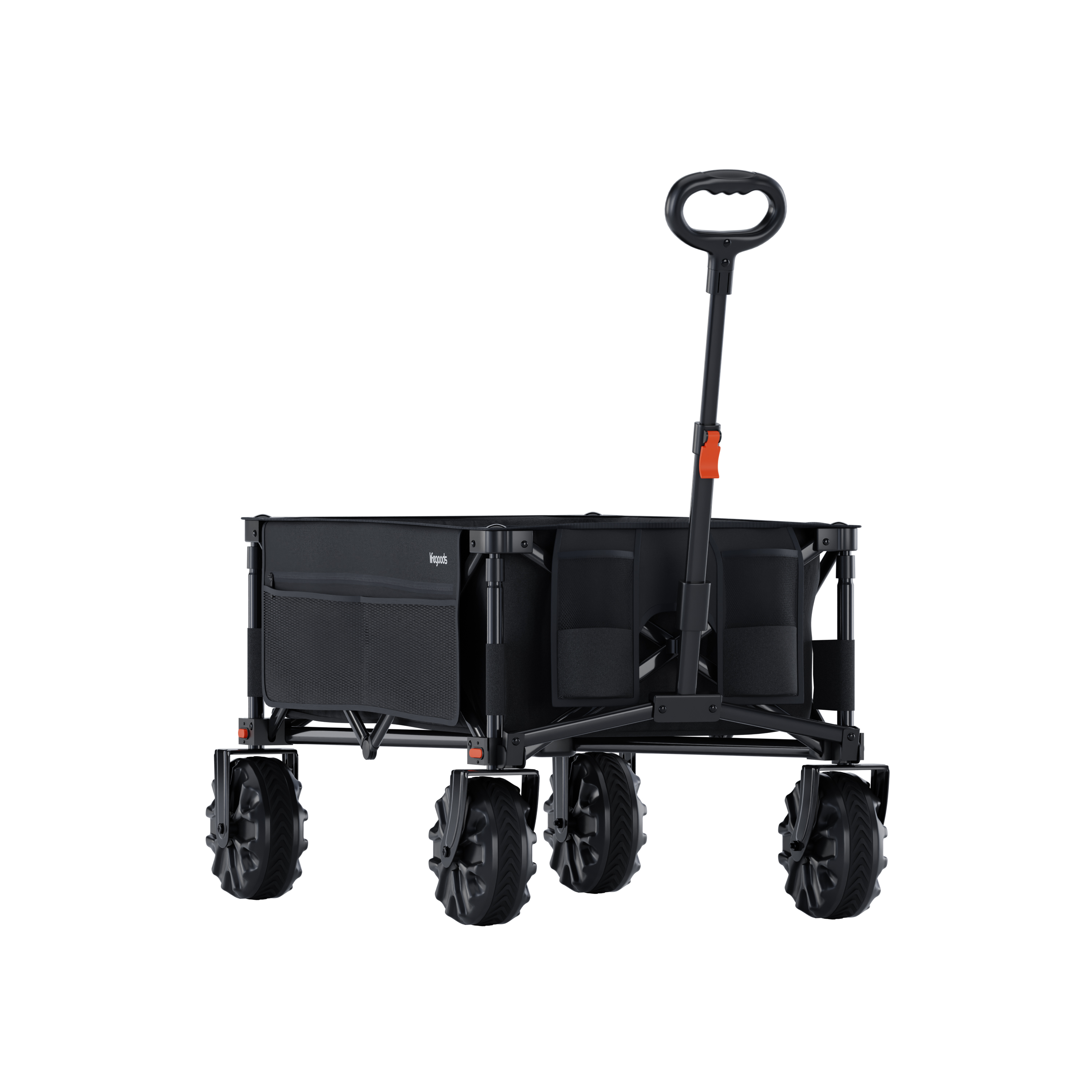 Black wagon with four wheels, extendable handle, and grip.