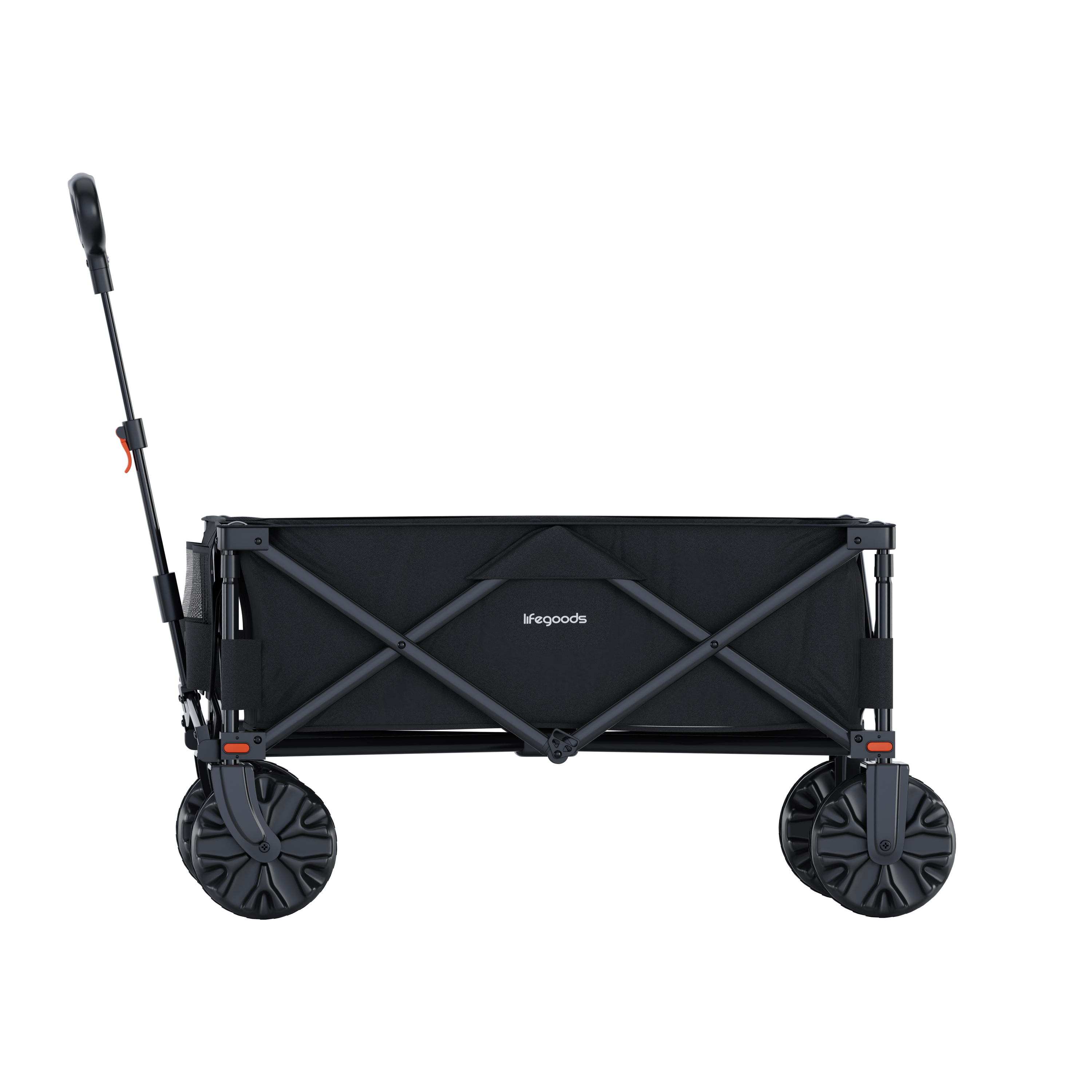 Black foldable wagon with handle and large wheels, "lifegoods" logo.