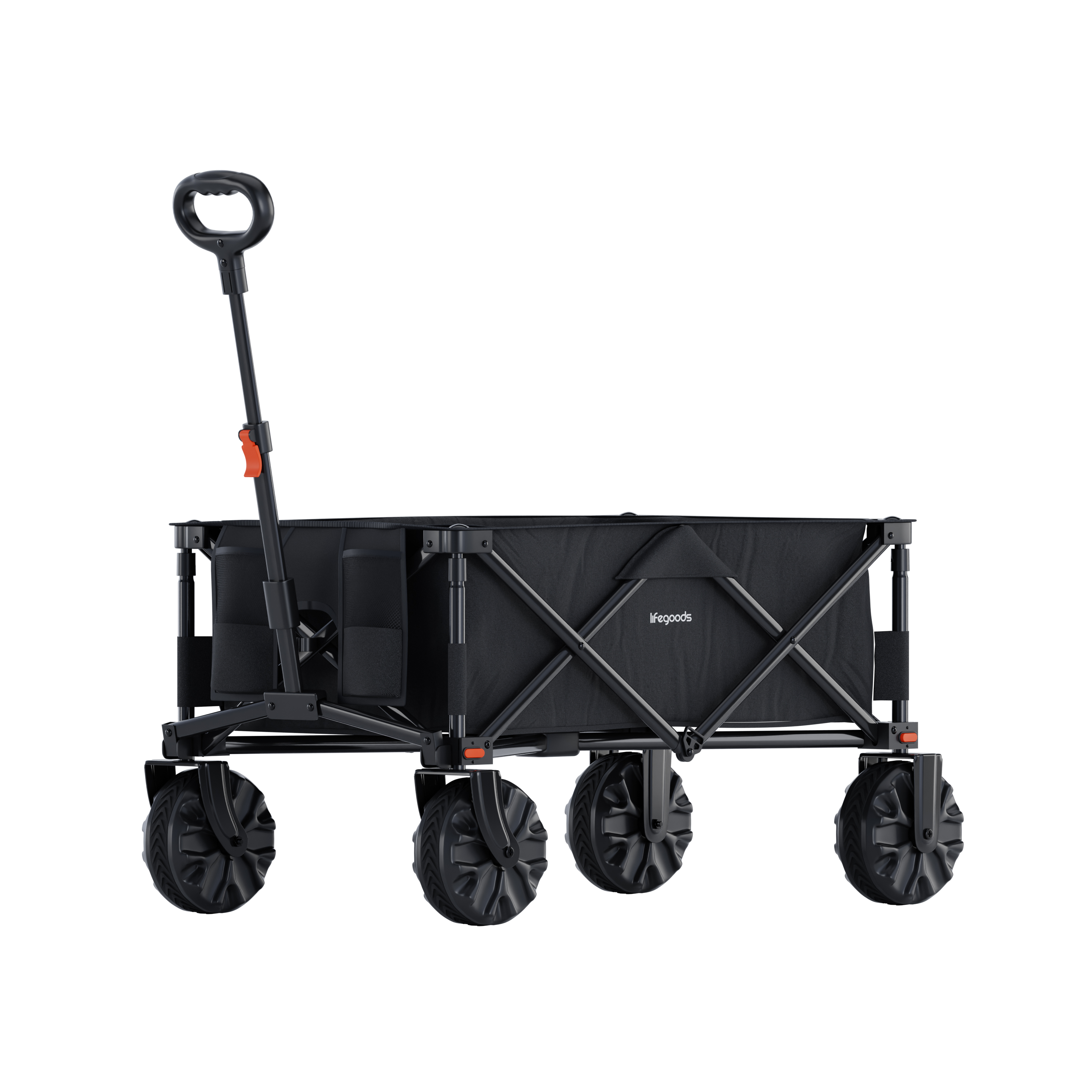 A black collapsible wagon with four large wheels and a black handle.