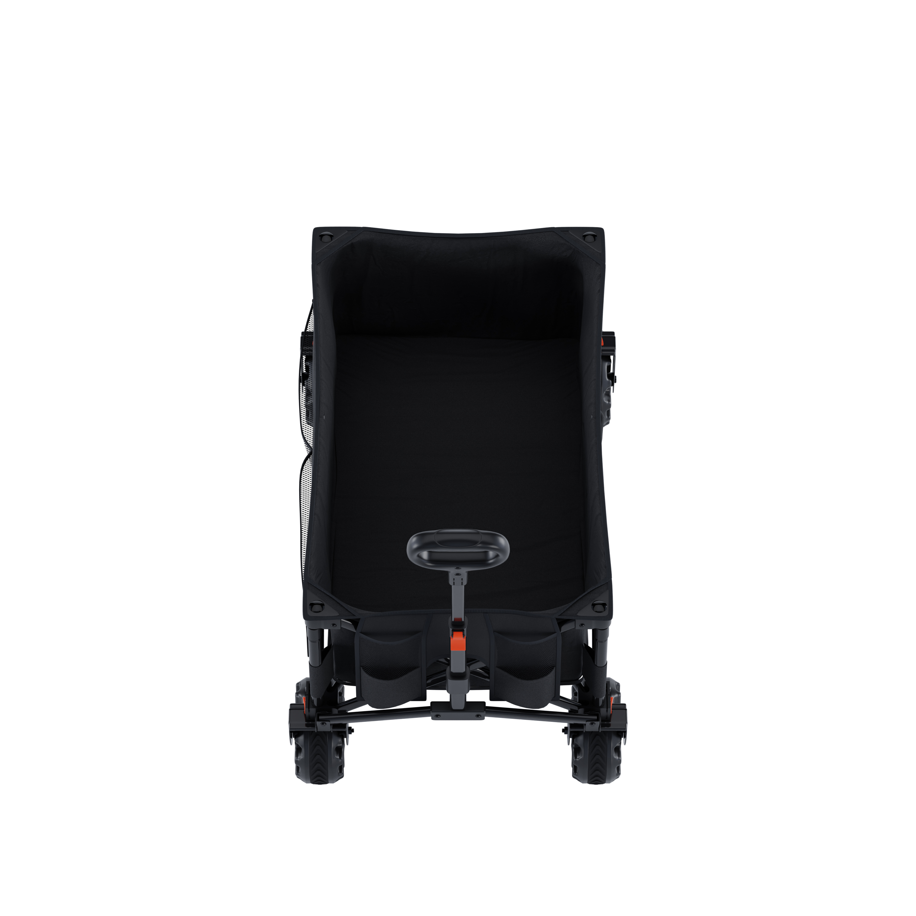 A black stroller with wheels and handle, viewed from the front.