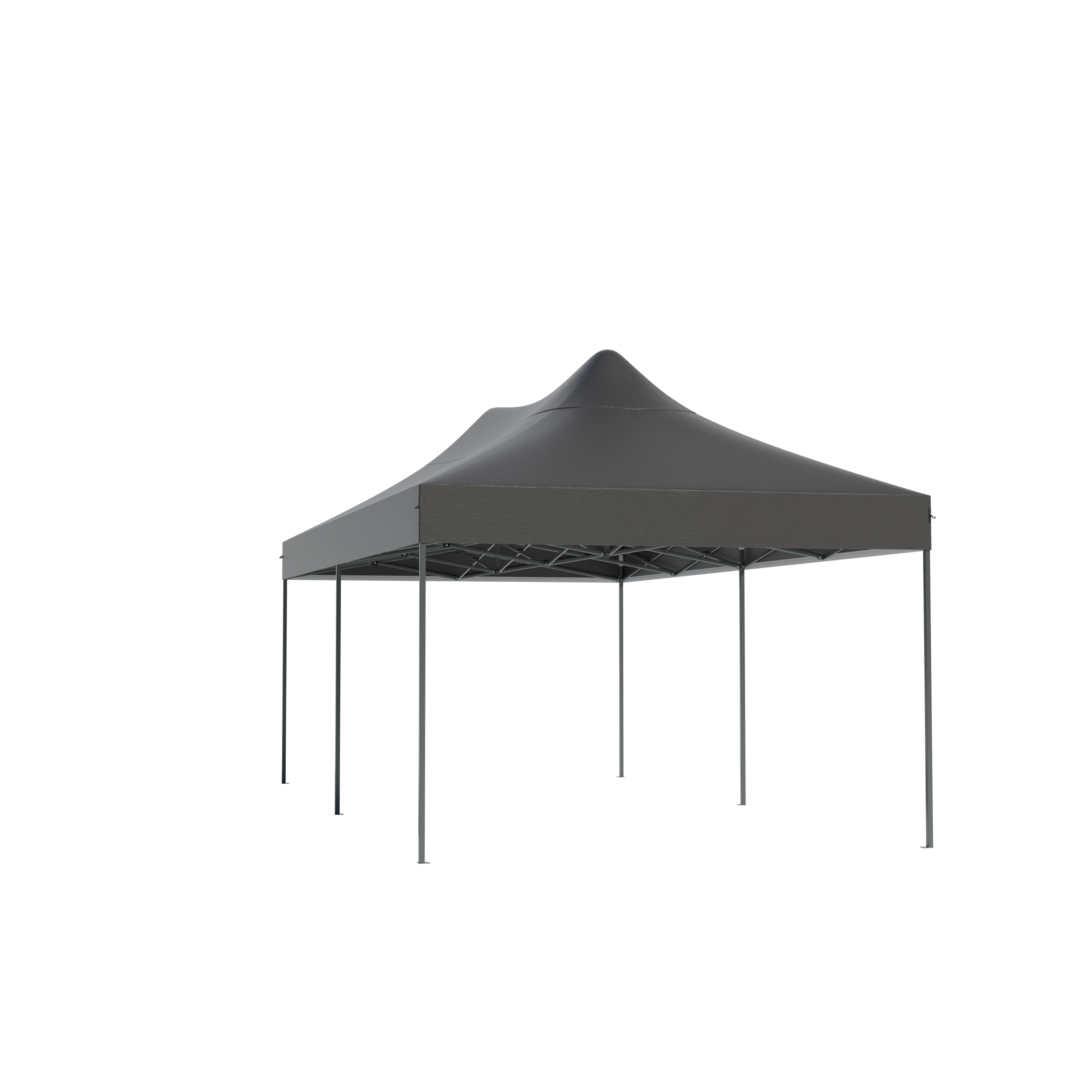 A dark gray pop-up canopy with four legs and a peaked roof.