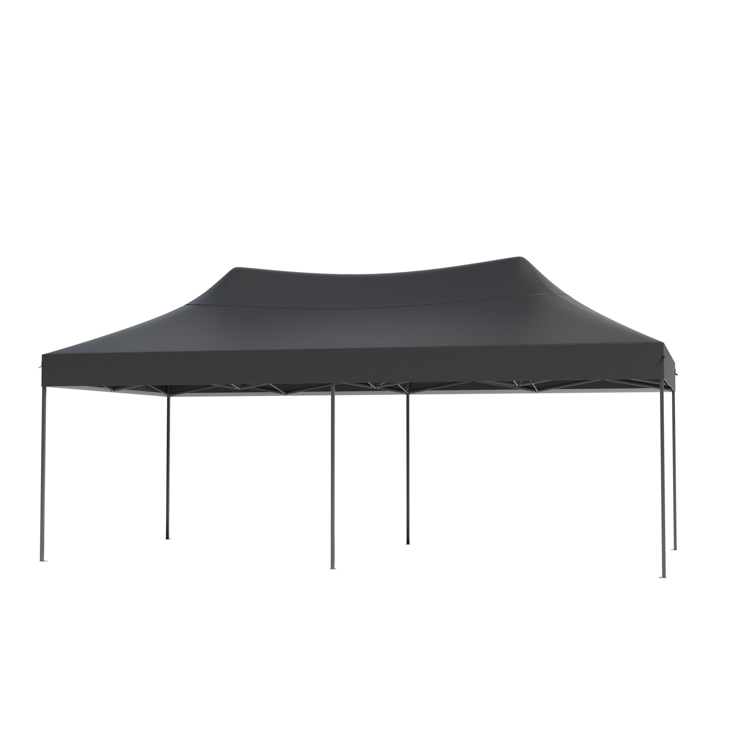 A dark canopy tent with metal legs stands on a white background.