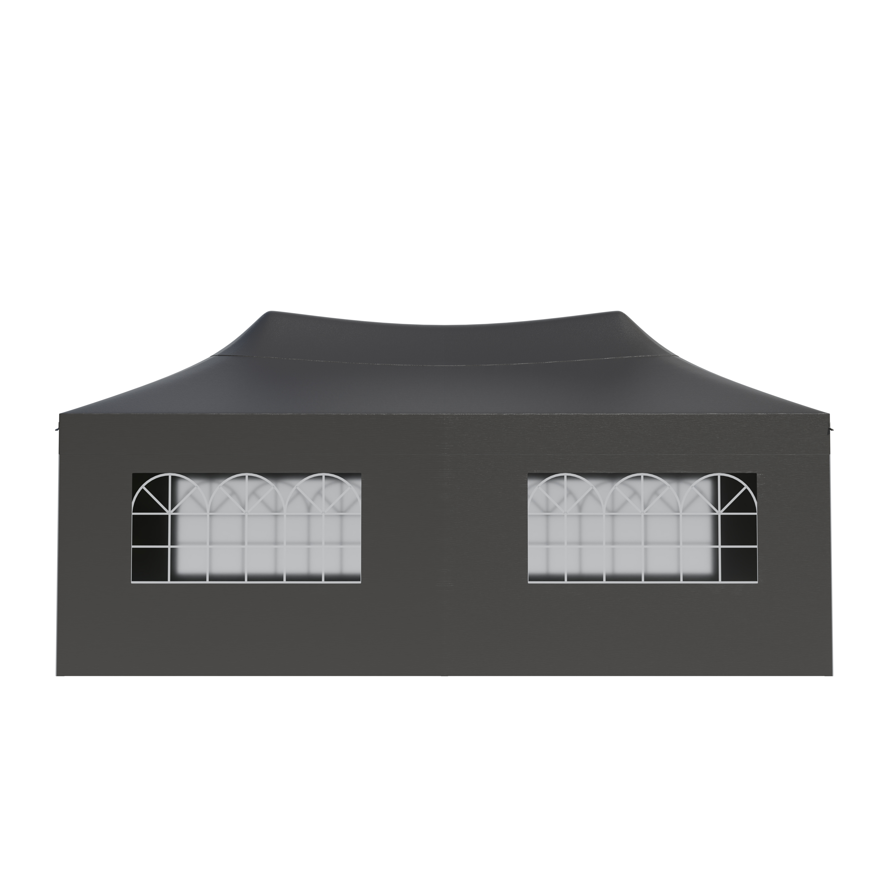 A dark gray tent with a curved roofline and two arched rectangular windows.