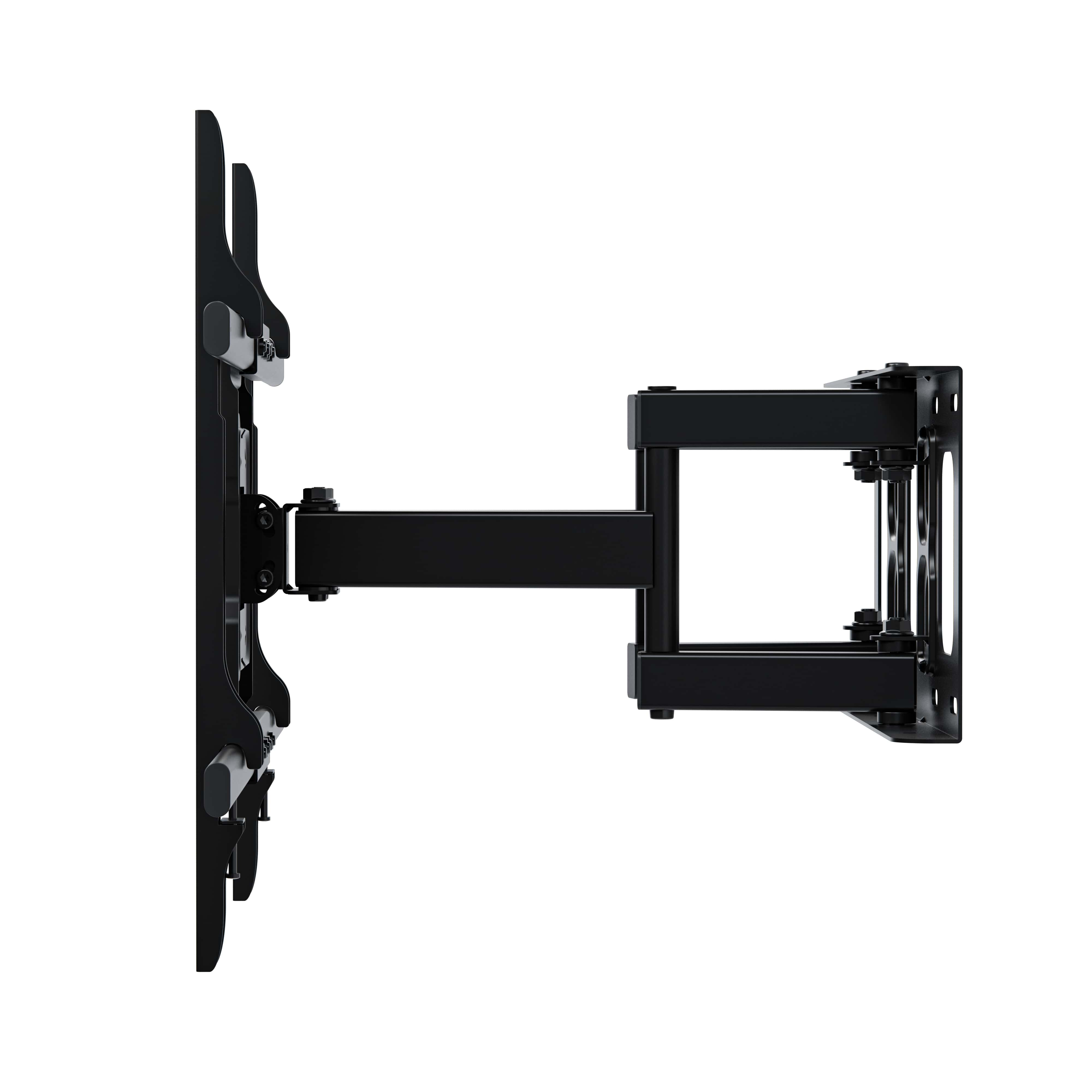 Black TV wall mount with articulated arm, isolated on a white background.