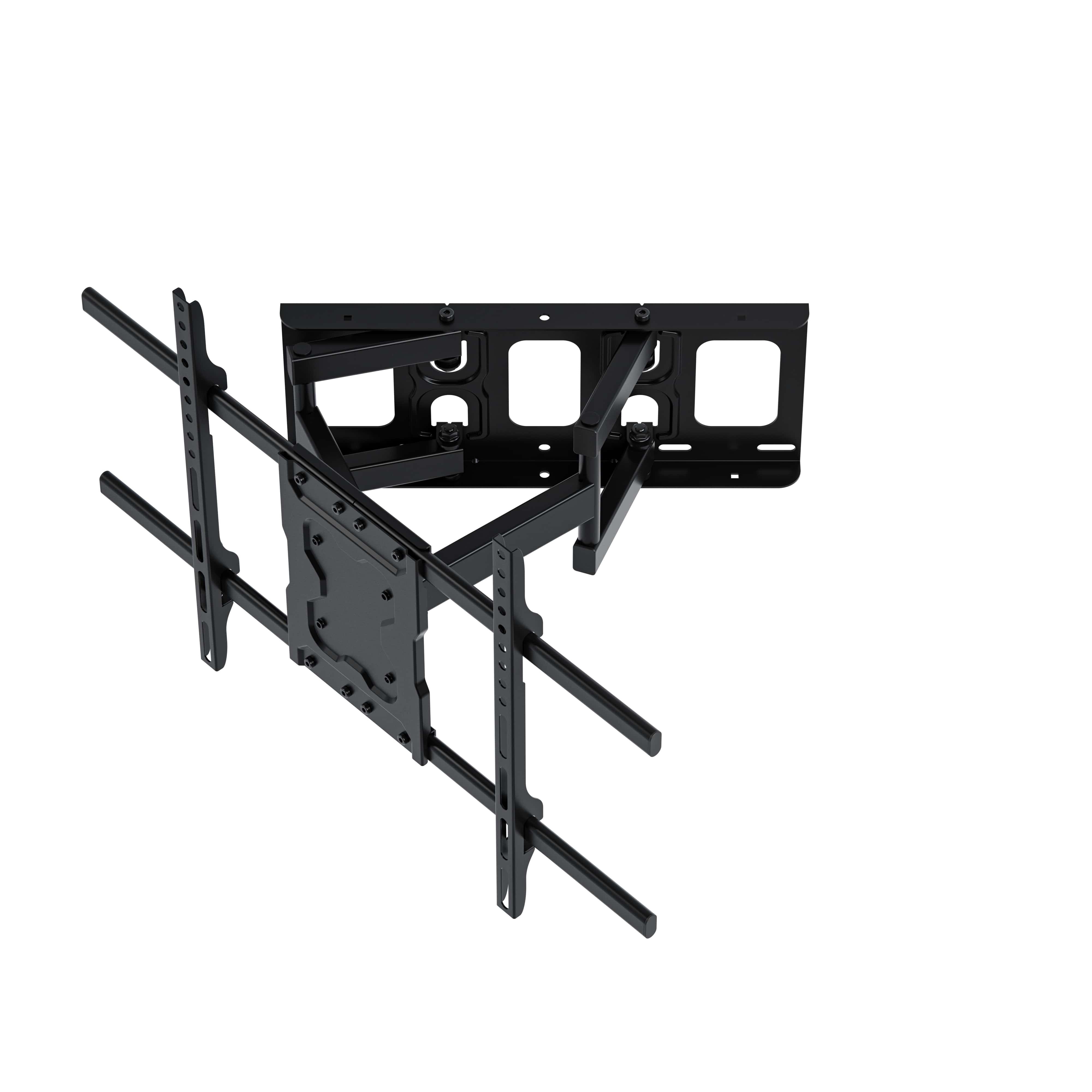 Black extendable TV wall mount with adjustable arms and VESA plates.