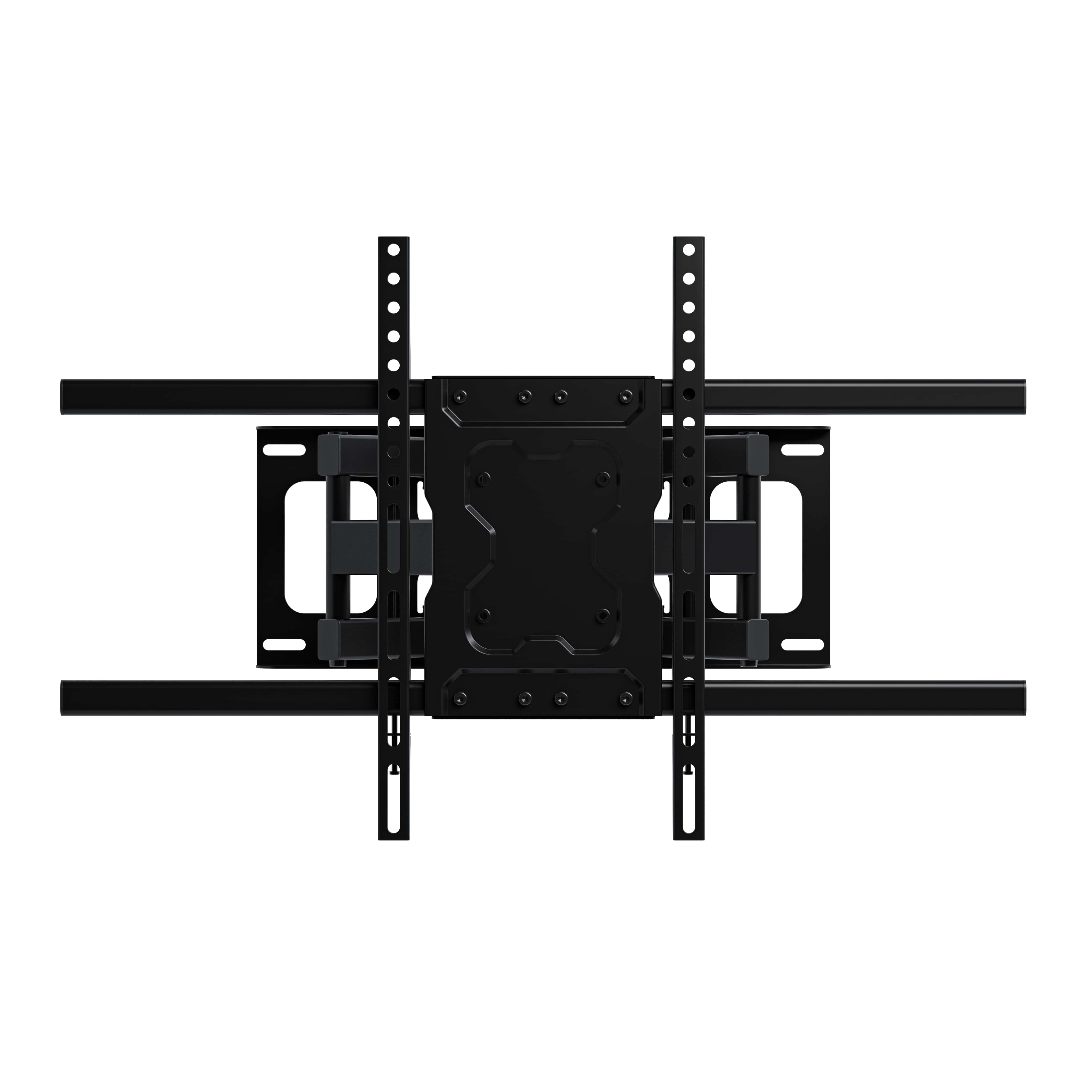 Black TV wall mount with adjustable arms and mounting holes.