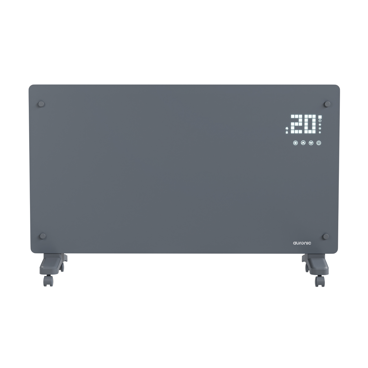 Gray heater with wheels and a digital display showing 20°C.