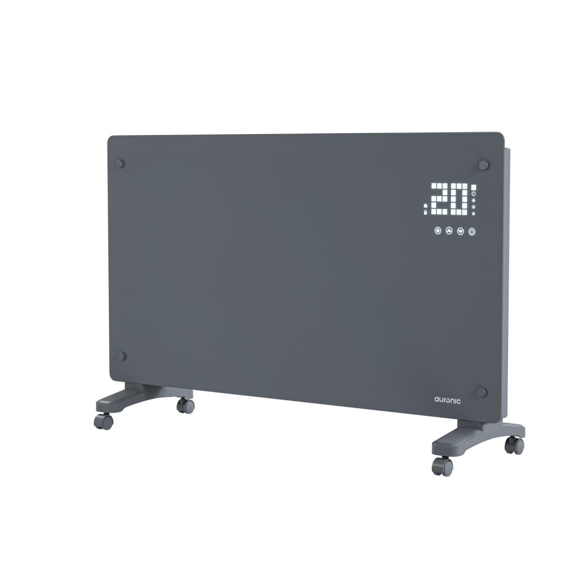 A gray electric heater on wheels displays 20 degrees digitally.
