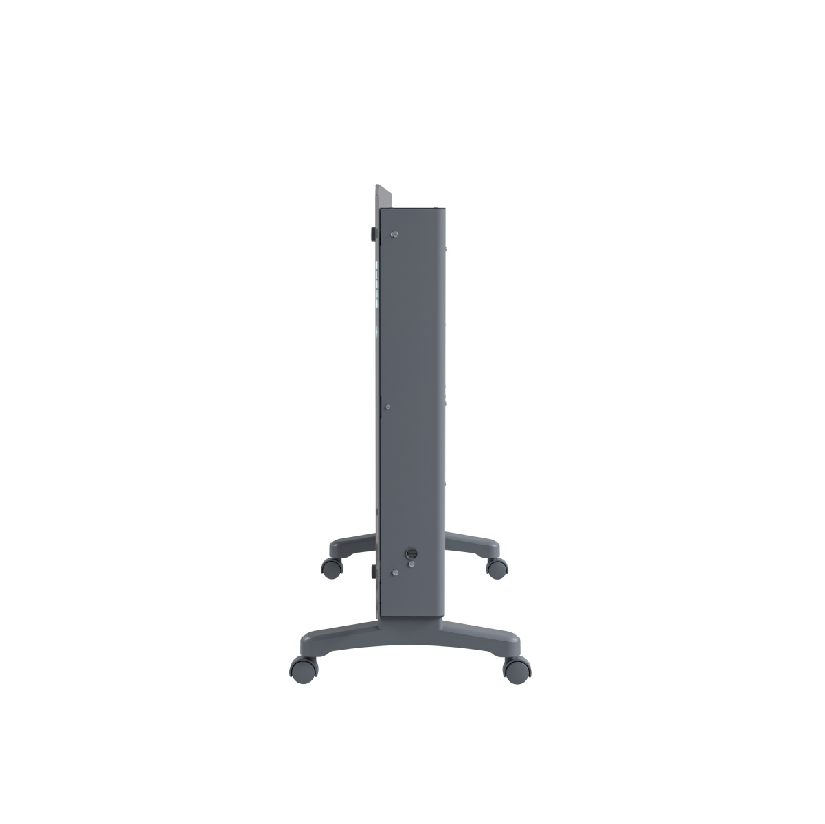 Gray mobile stand with wheels for a screen, side view.