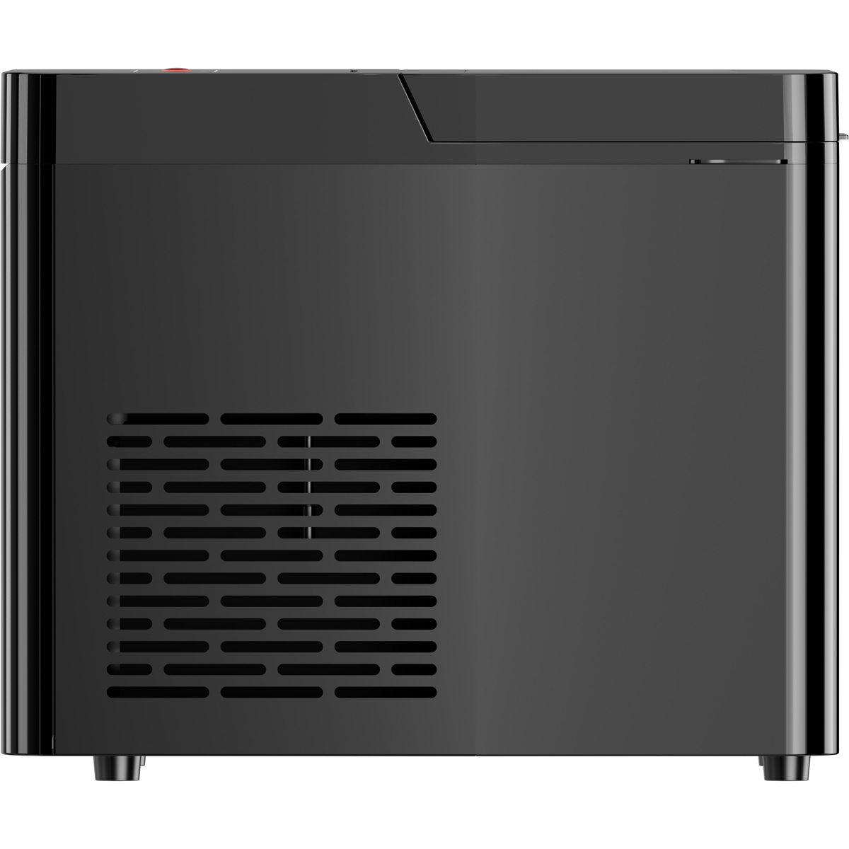 Black refrigerator with vents on the side and a red button on top.