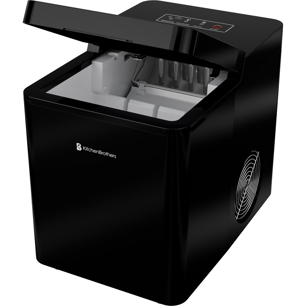 Black KitchenBrothers ice maker with lid open, showing ice molds and controls.
