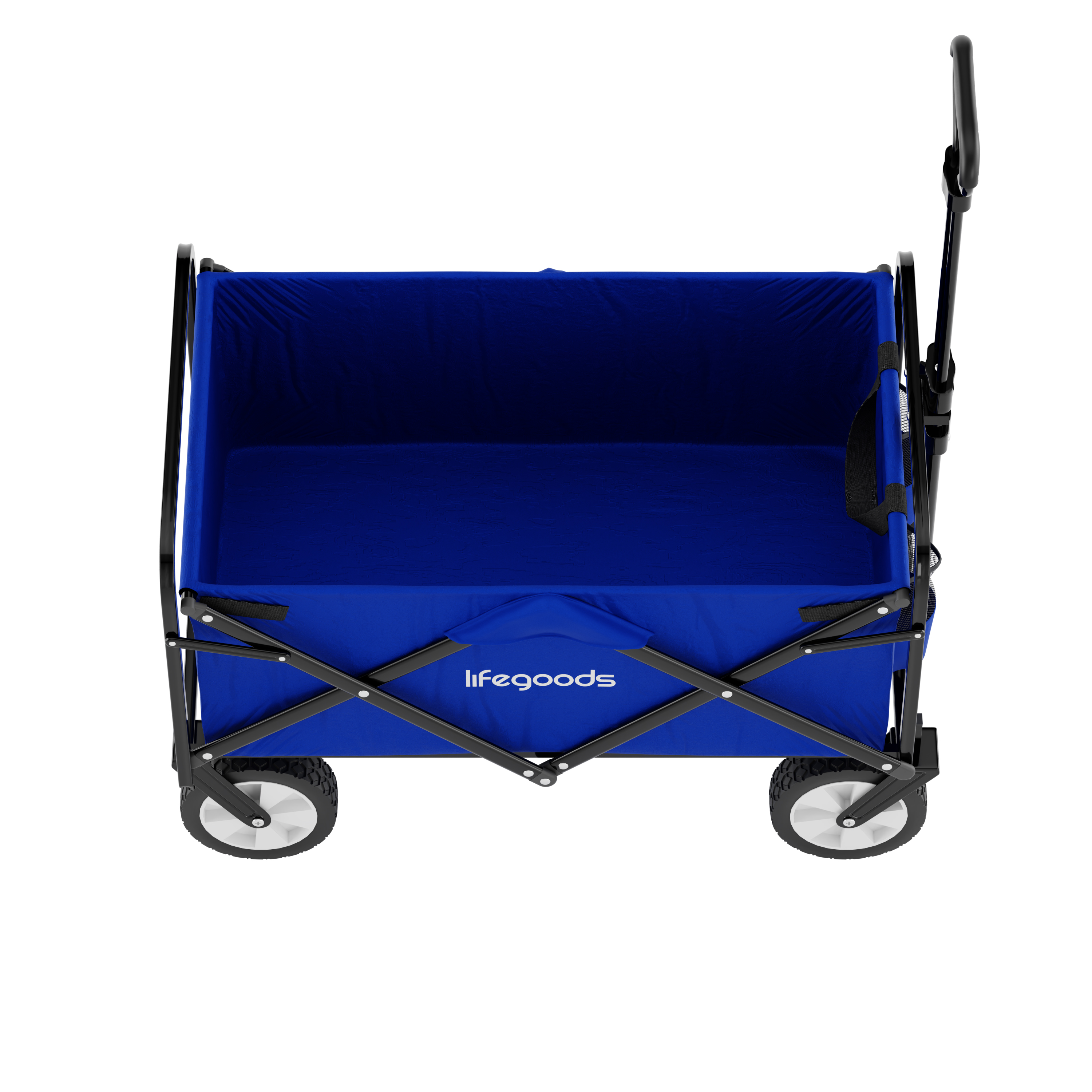 A blue folding wagon with a black frame and handle.