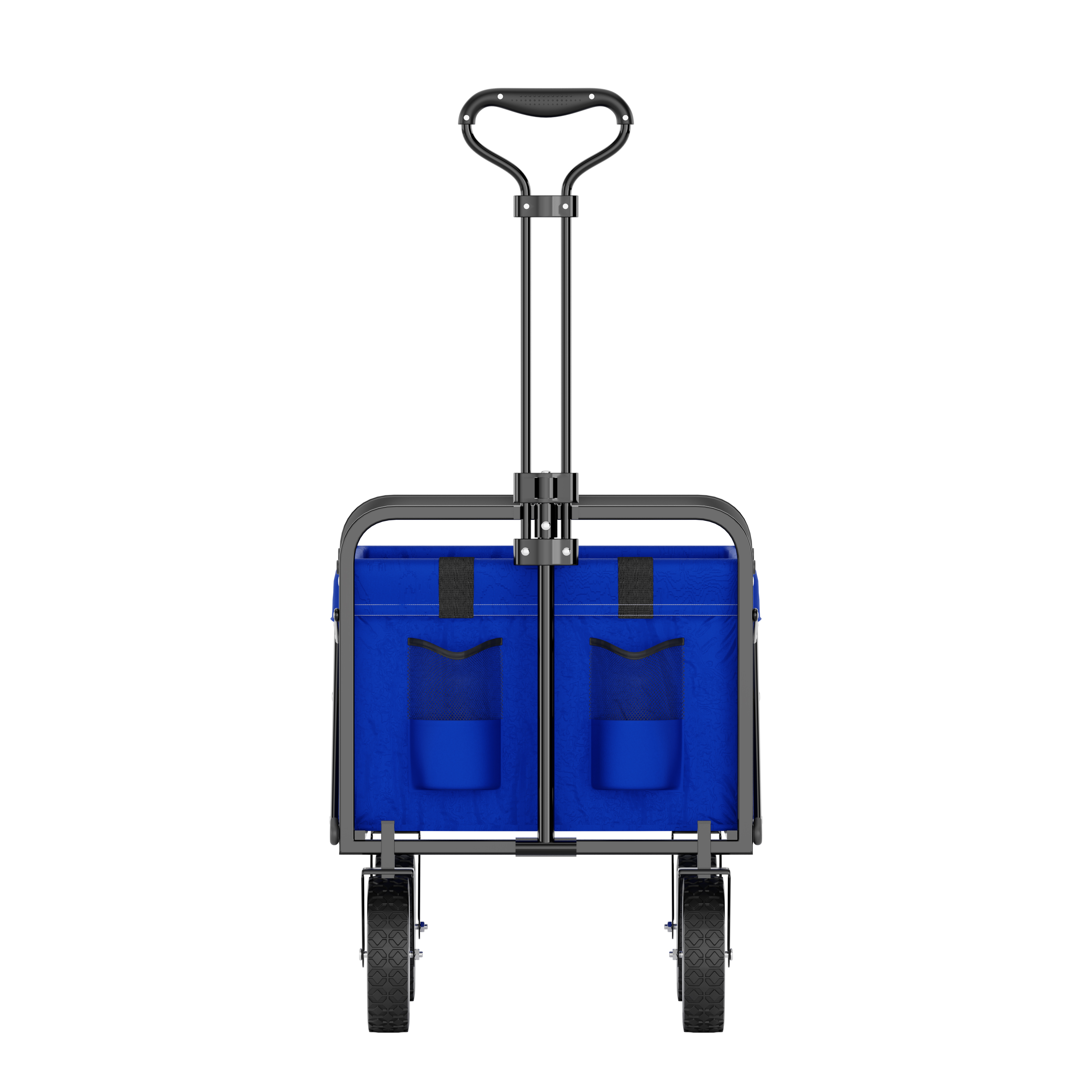 A blue collapsible wagon with a black handle and two wheels.