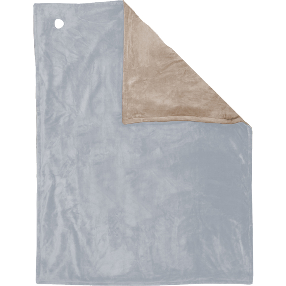 A light blue blanket with a brown inner side, laid out flat.