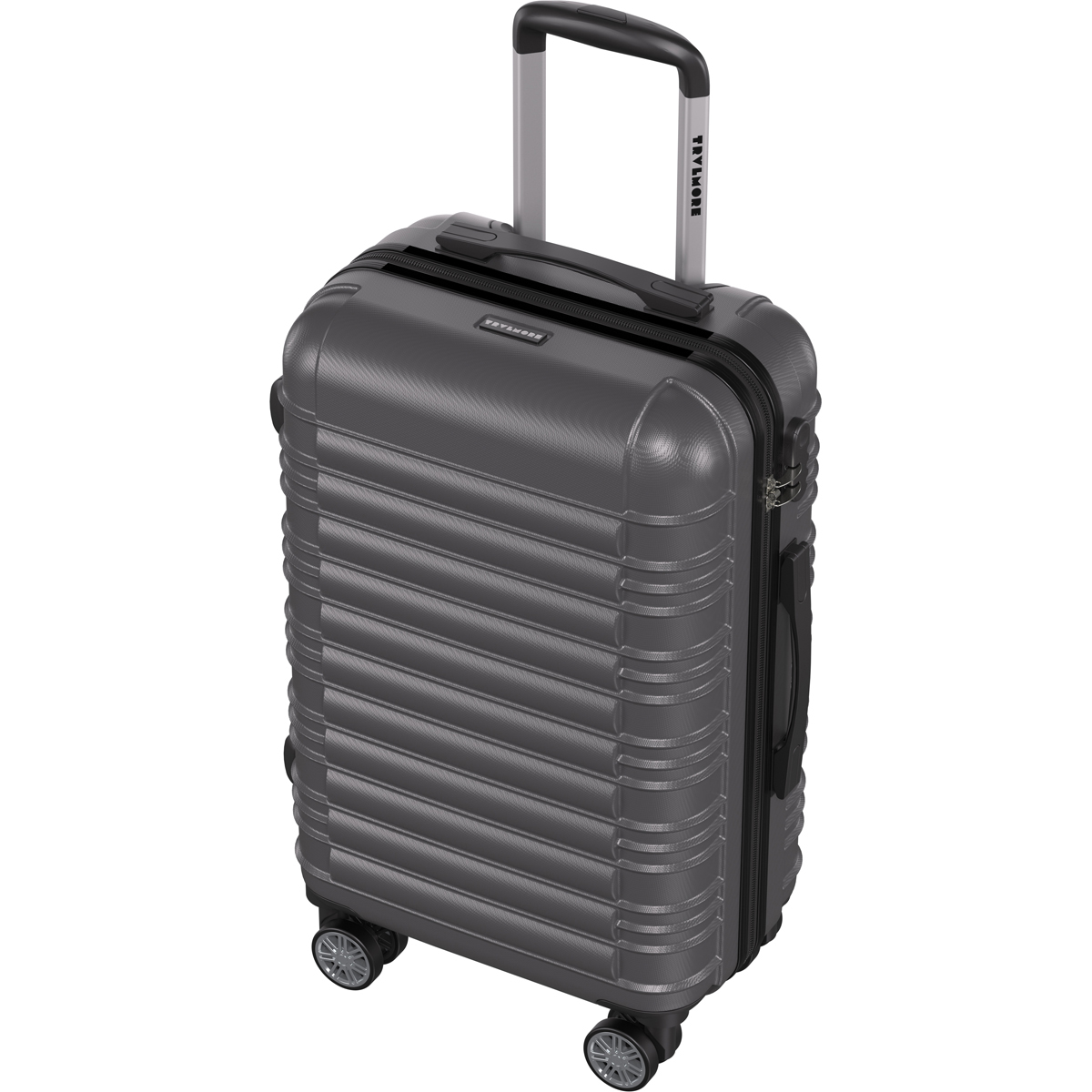 A dark gray, ribbed hard-shell suitcase with a retractable handle and four wheels.