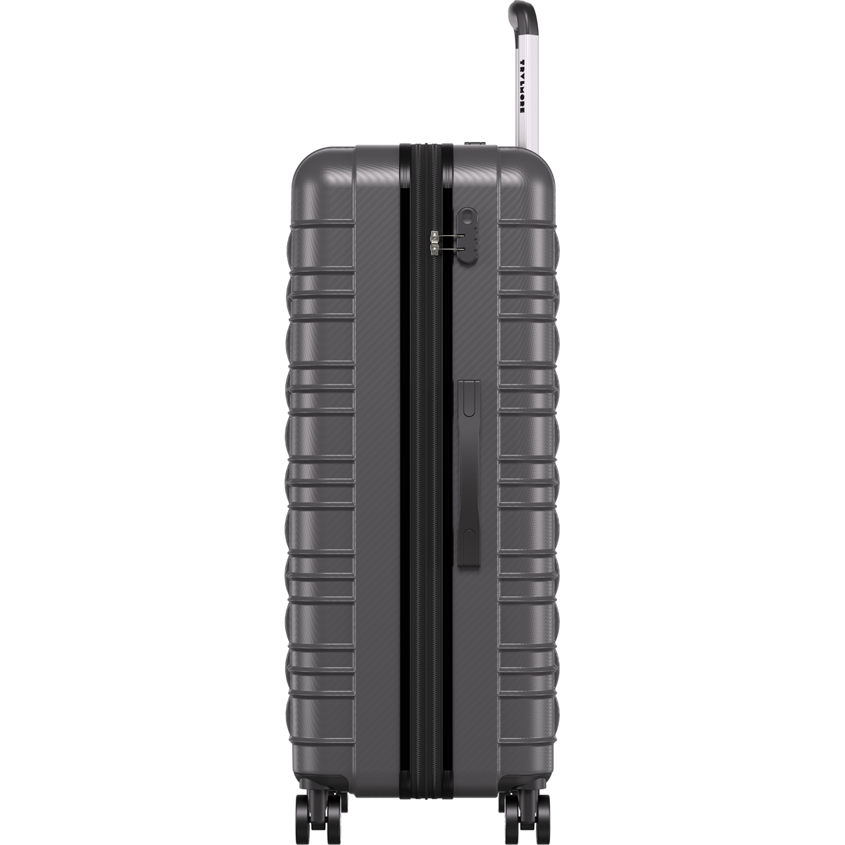A grey suitcase with a zipper, handle, and wheels. The telescopic handle is extended.