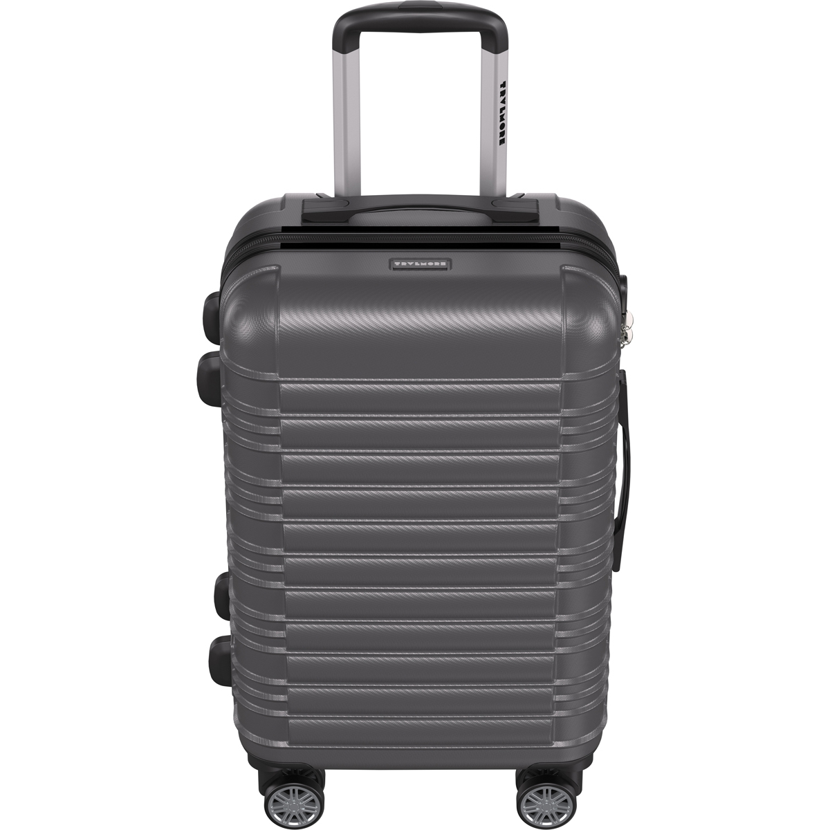 A gray suitcase with a telescopic handle and four wheels.