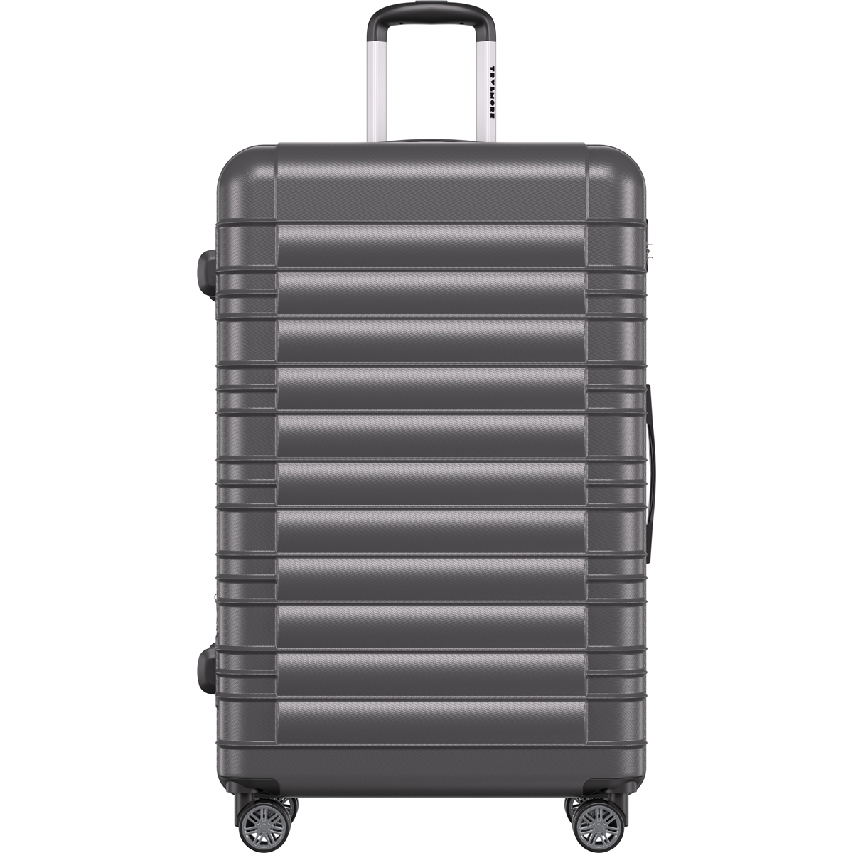A gray hardside suitcase with a retractable handle and wheels.