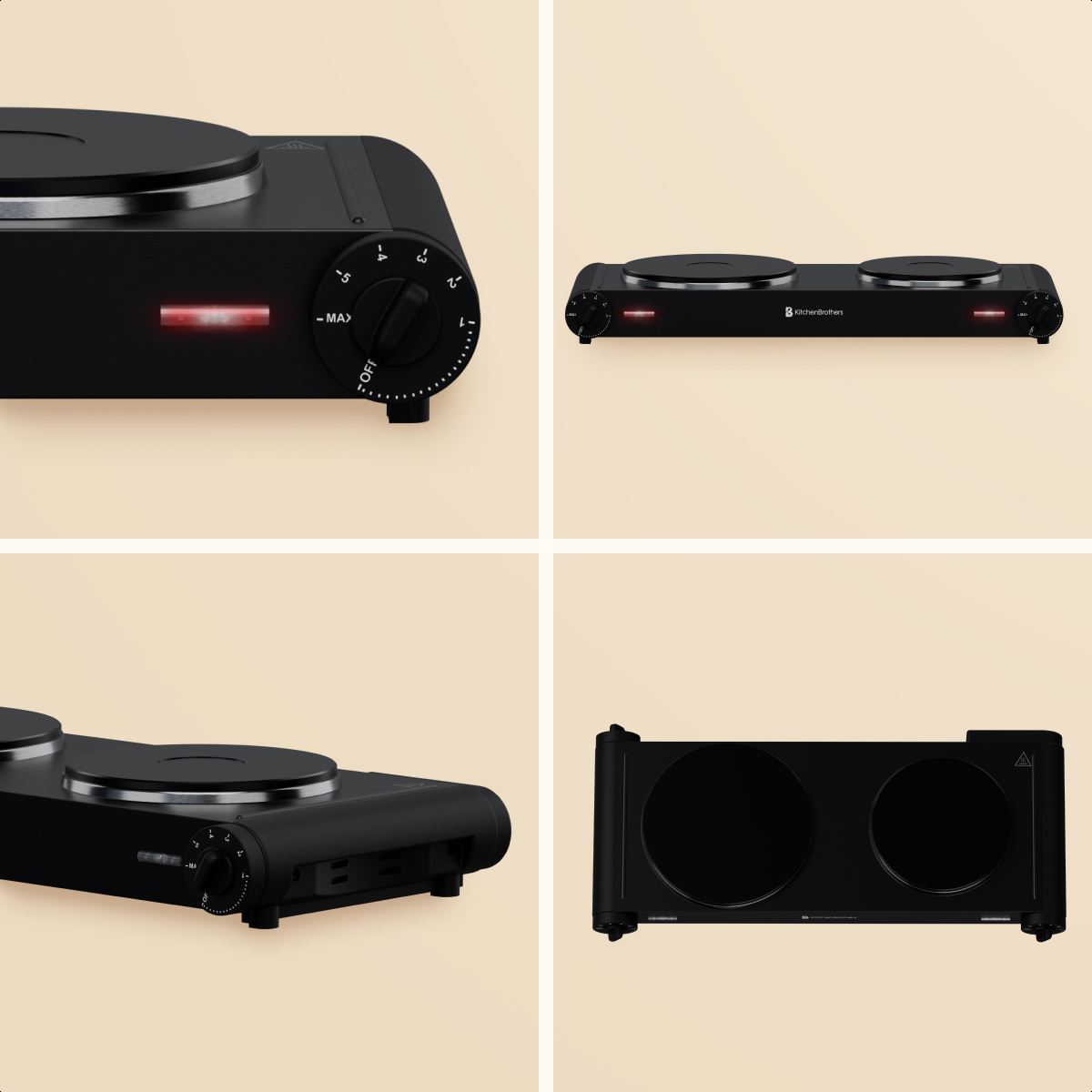 Black double hot plate with two round cooking surfaces and control knobs.
