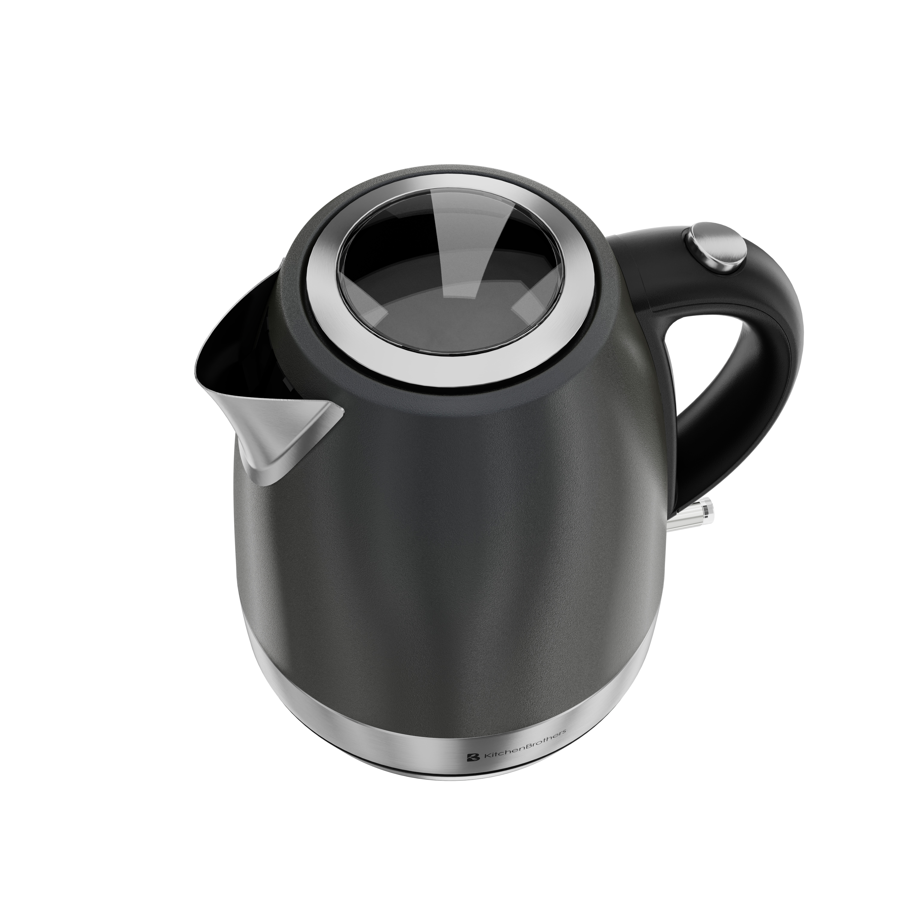 Une bouilloire électrique sombre avec des accents en acier inoxydable et une fenêtre.